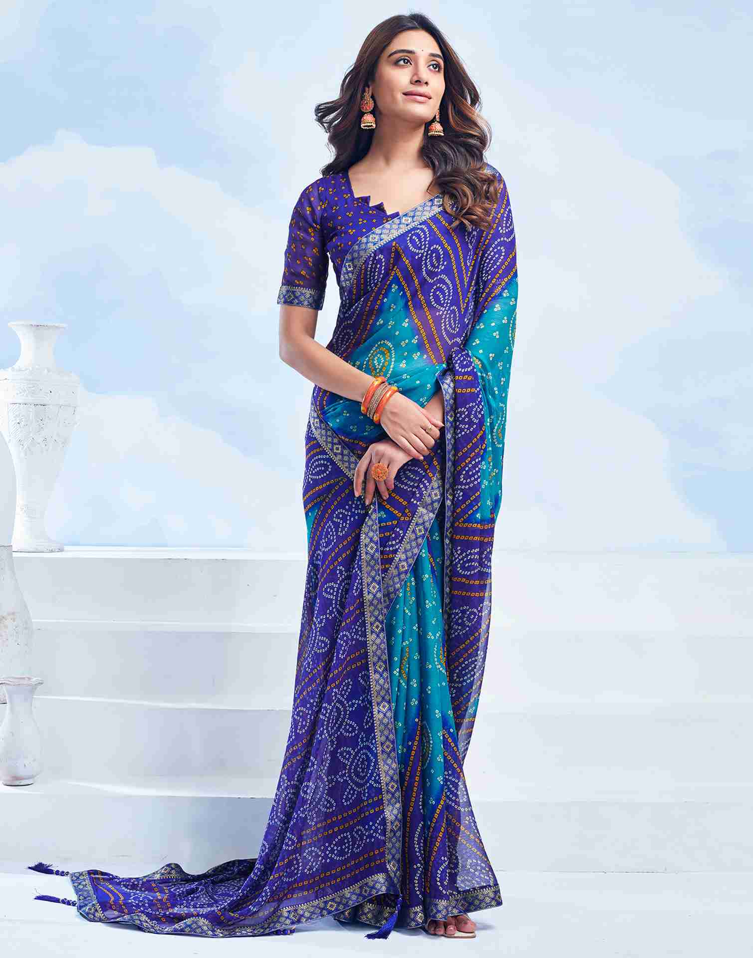 Dark Blue Chiffon Printed Bandhani Saree - Image 3