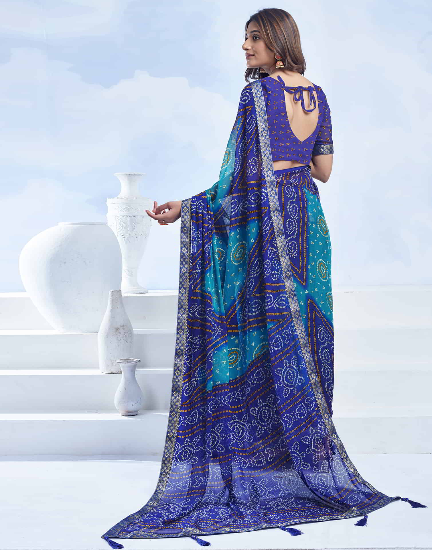 Dark Blue Chiffon Printed Bandhani Saree - Image 5