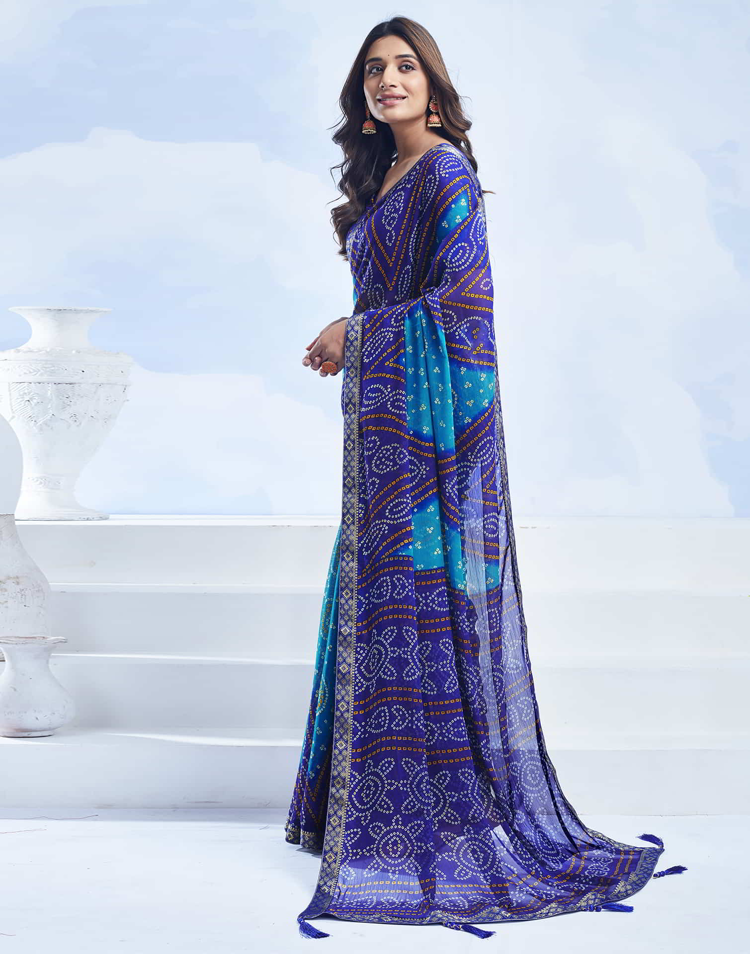 Dark Blue Chiffon Printed Bandhani Saree - Image 6