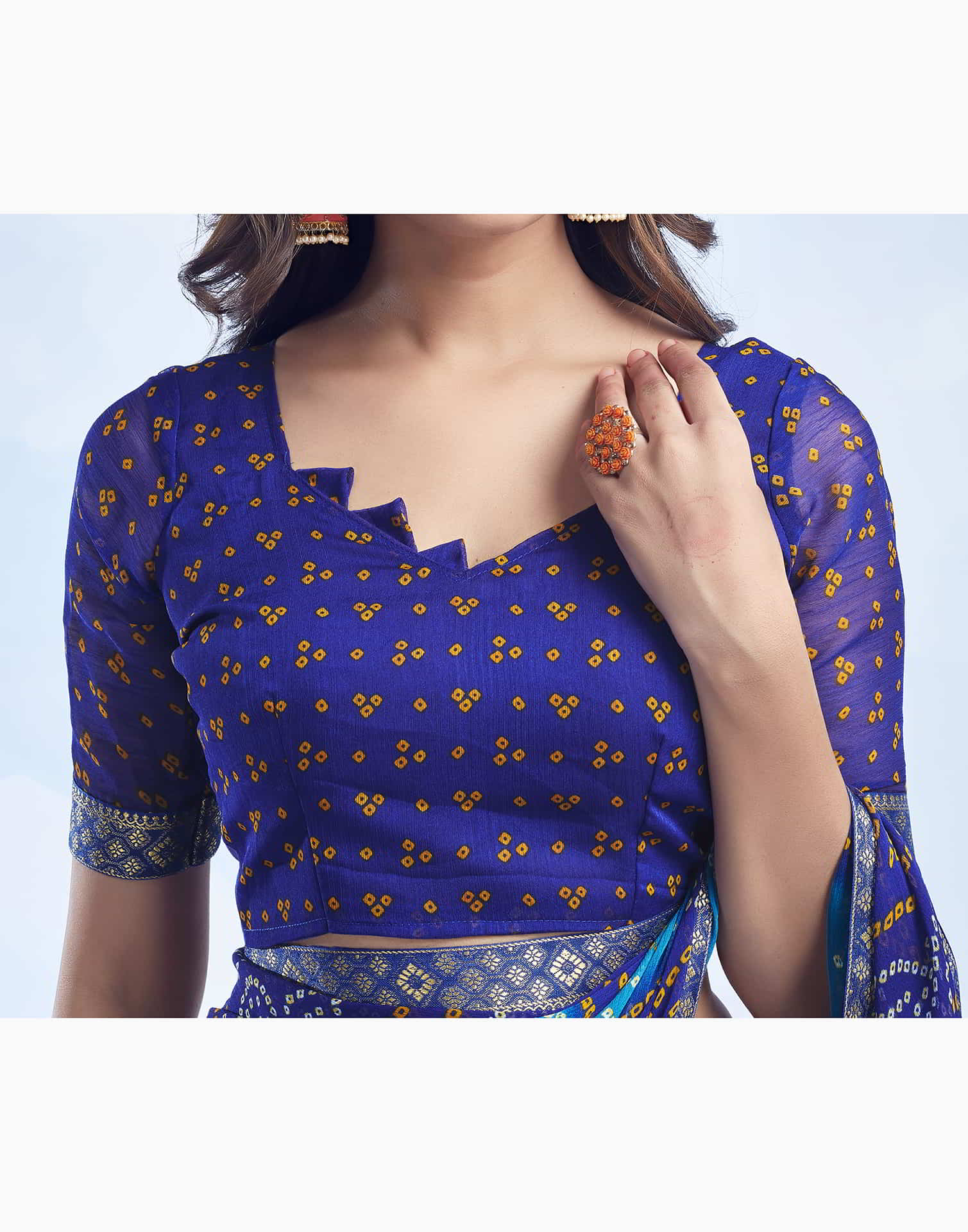 Dark Blue Chiffon Printed Bandhani Saree - Image 7