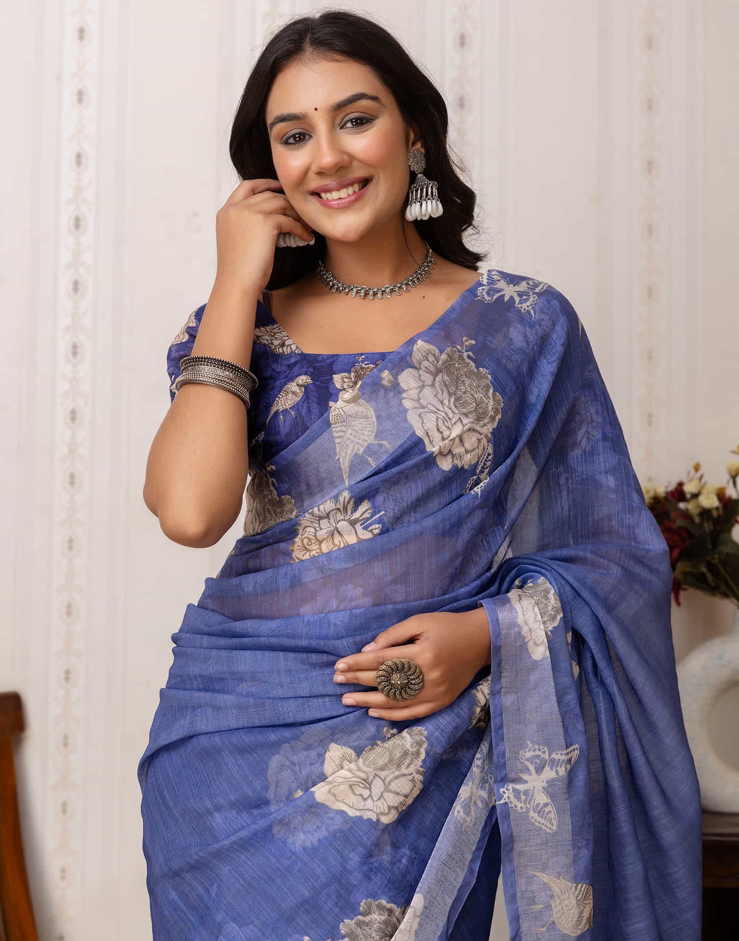 Blue Cotton Printed Saree - Image 2