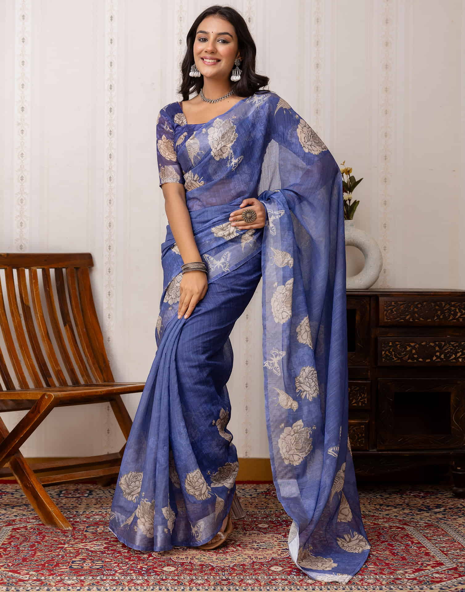 Blue Cotton Printed Saree - Image 4