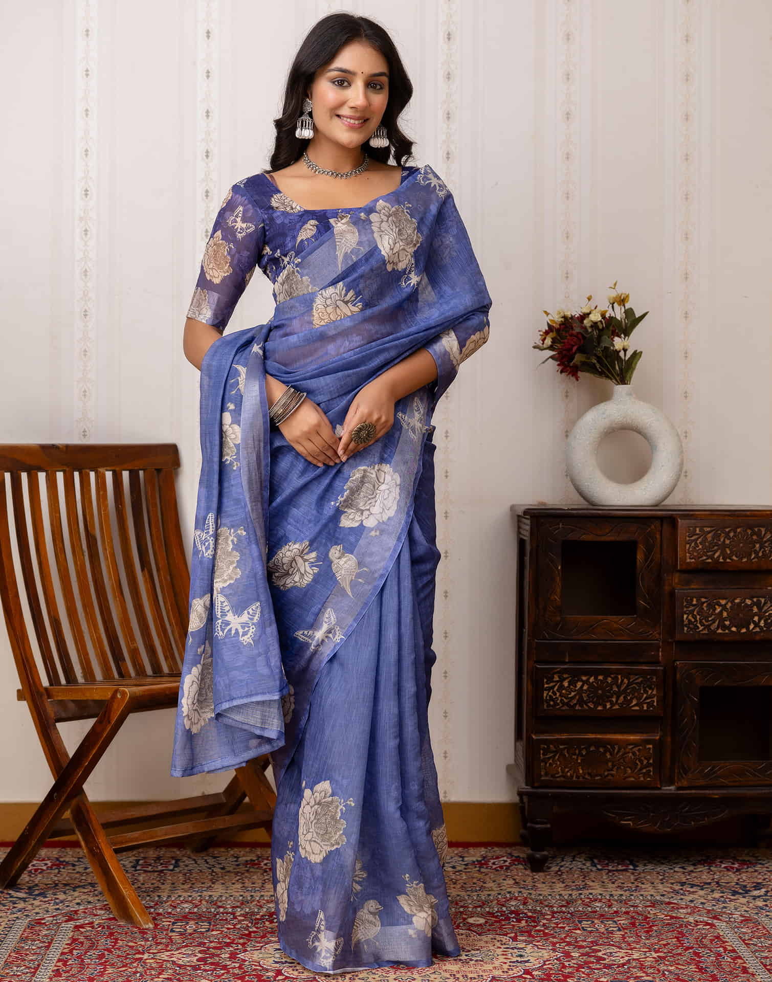Blue Cotton Printed Saree - Image 5