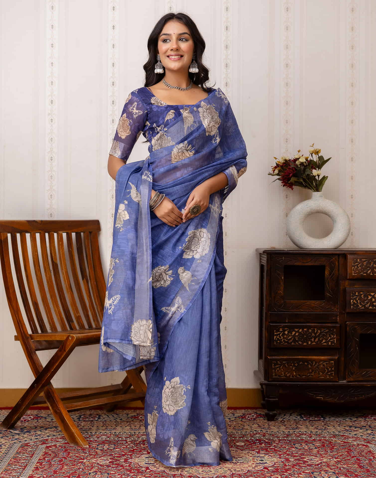 Blue Cotton Printed Saree - Image 6