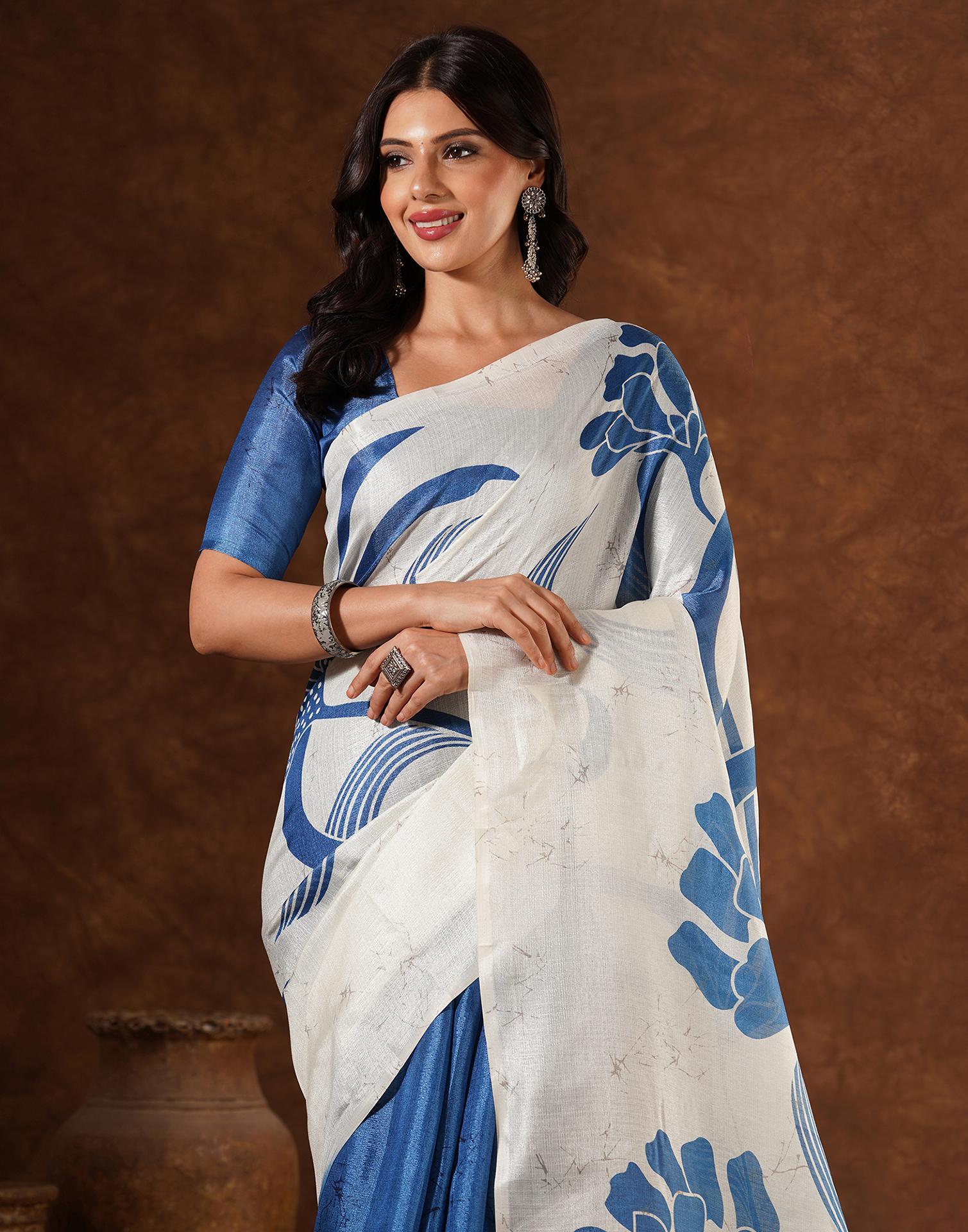 Blue Cotton Printed Saree - Image 2