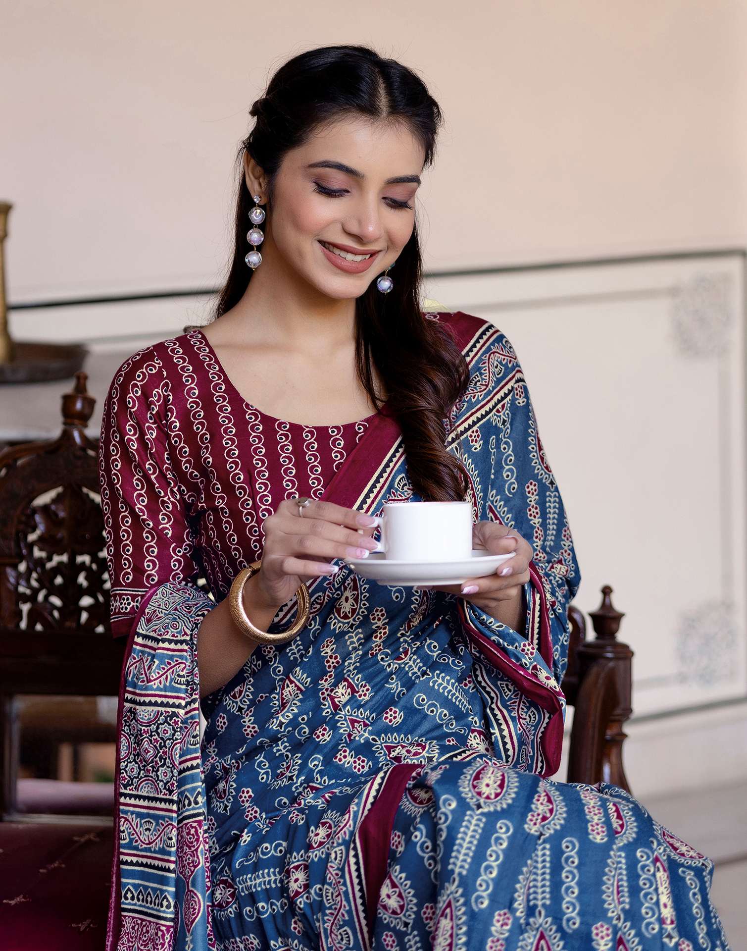 Blue Cotton Printed Saree - Image 4