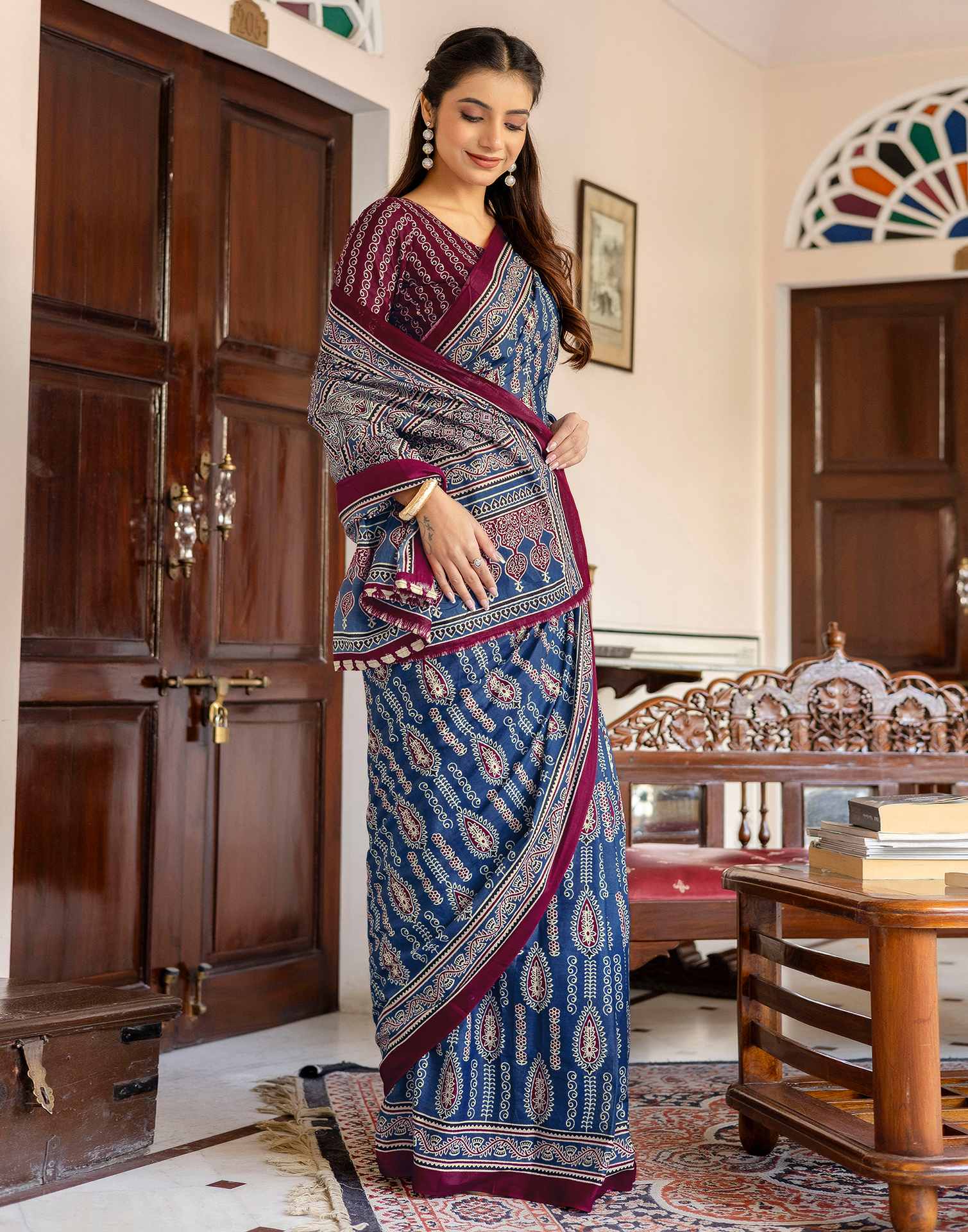 Blue Cotton Printed Saree - Image 6