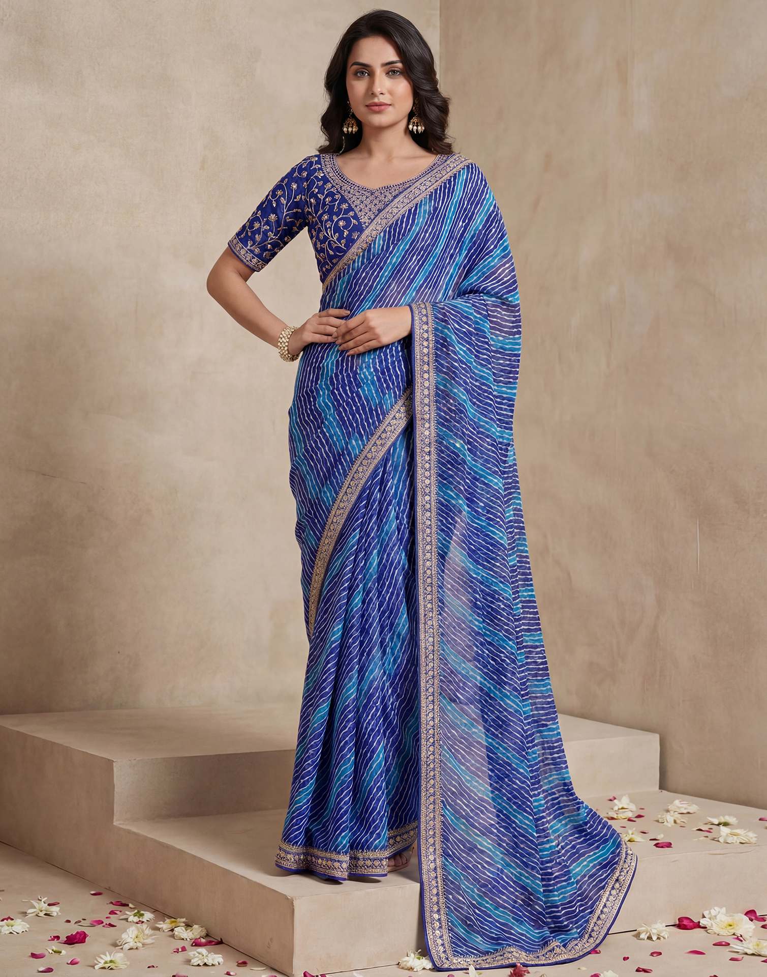 Blue Georgette Laheriya Printed Saree - Image 7