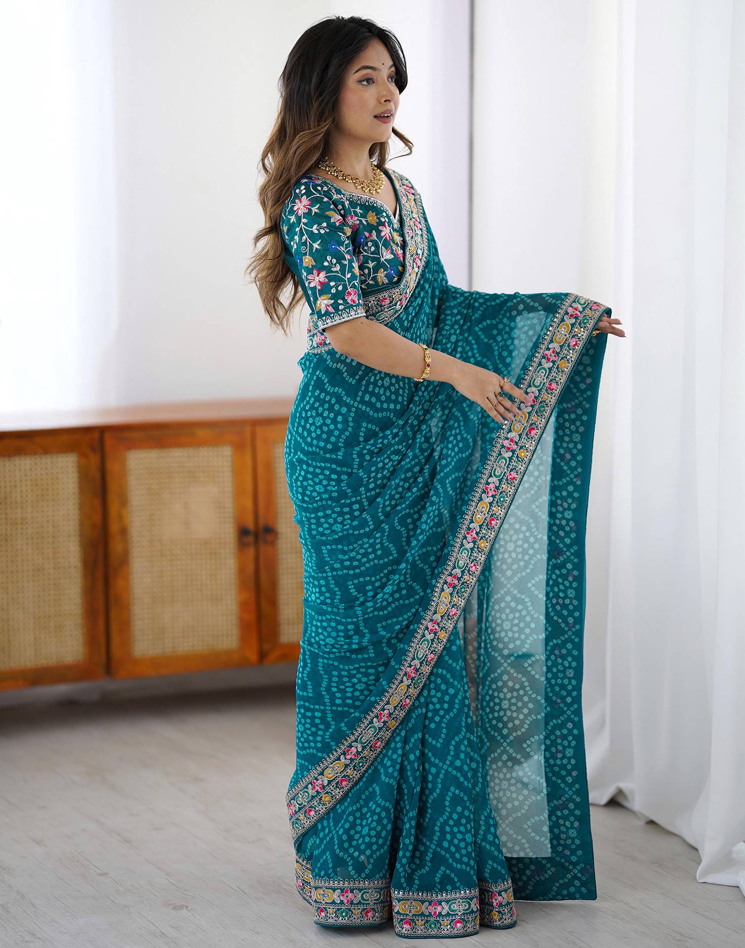 Blue Georgette Printed Bandhani Saree - Image 5