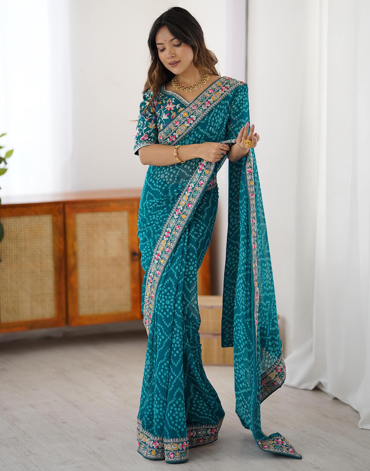 Blue Georgette Printed Bandhani Saree - Image 6