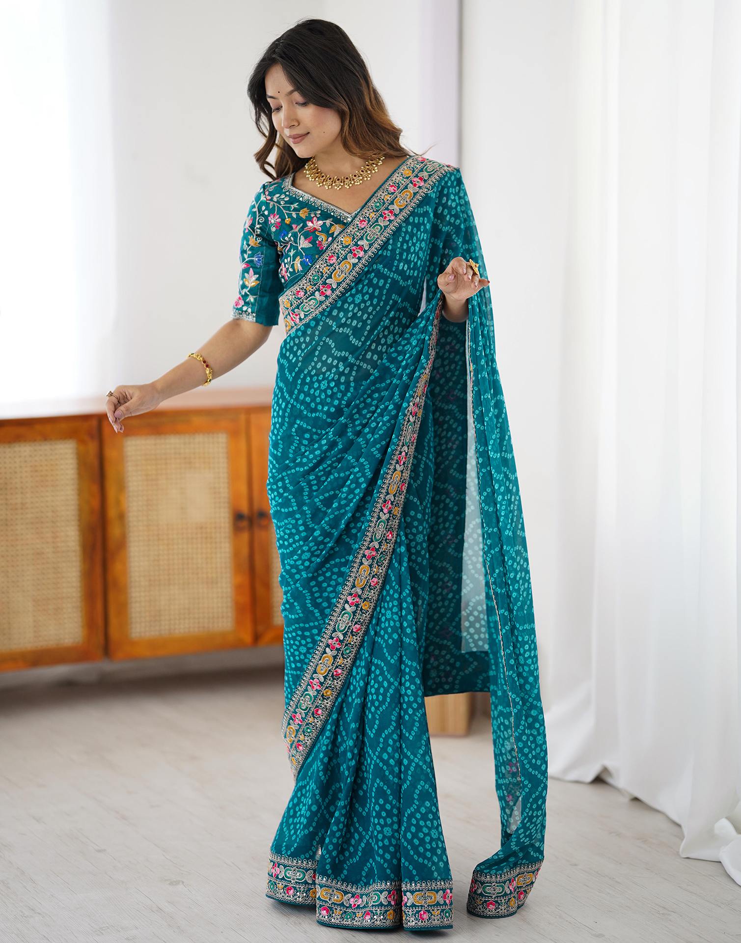 Blue Georgette Printed Bandhani Saree - Image 8