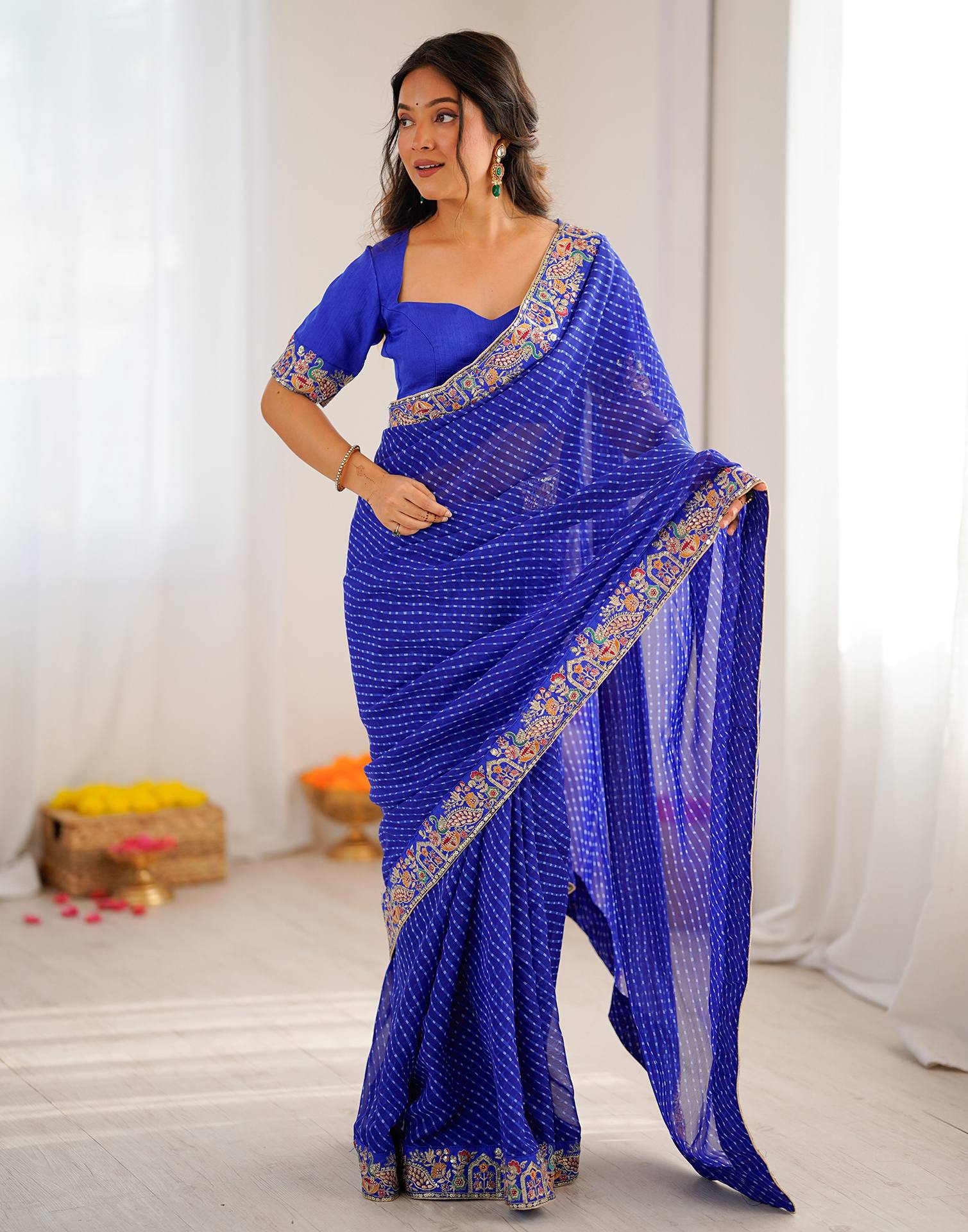Blue Georgette Printed Laheriya Saree - Image 7