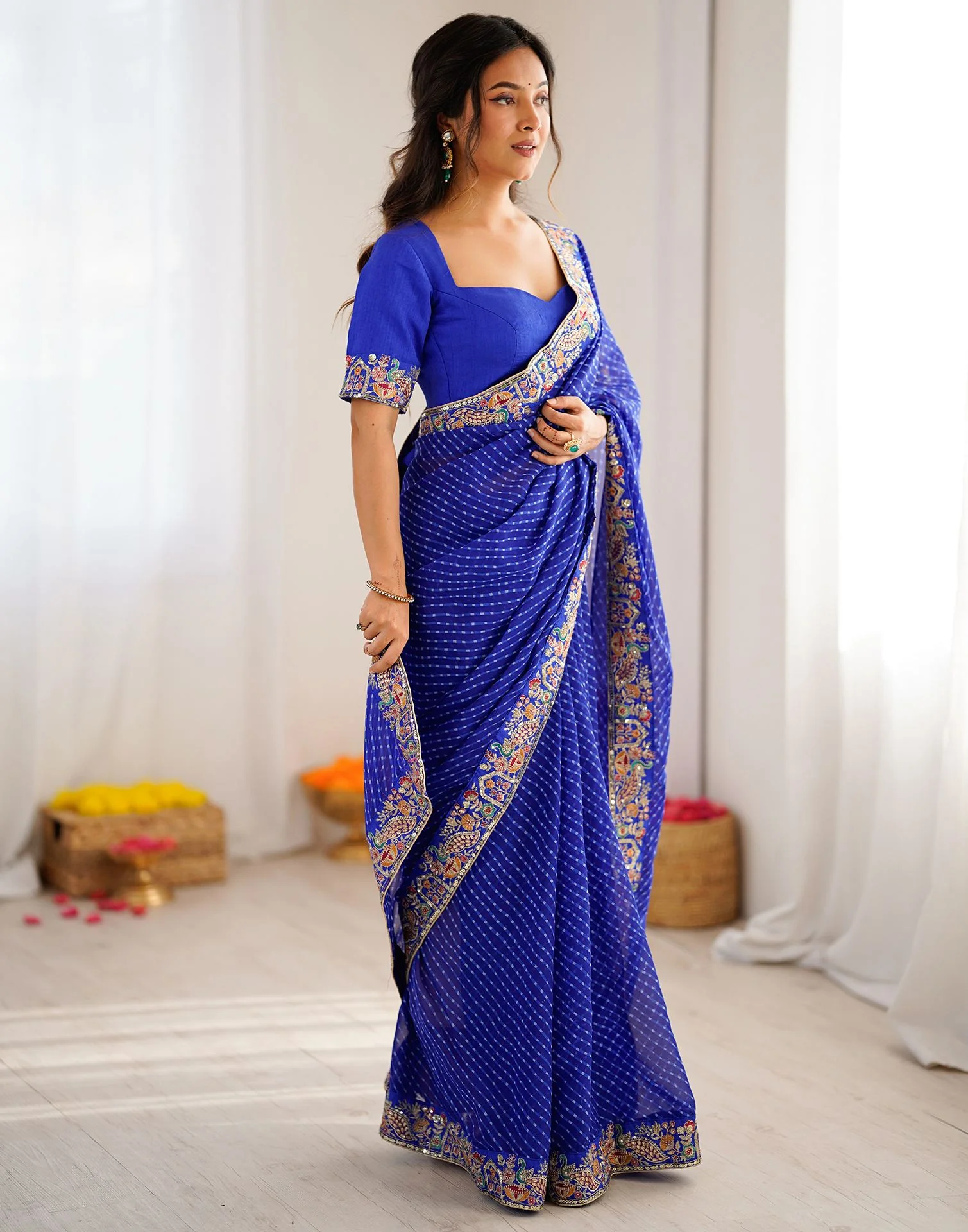 Blue Georgette Printed Laheriya Saree - Image 8