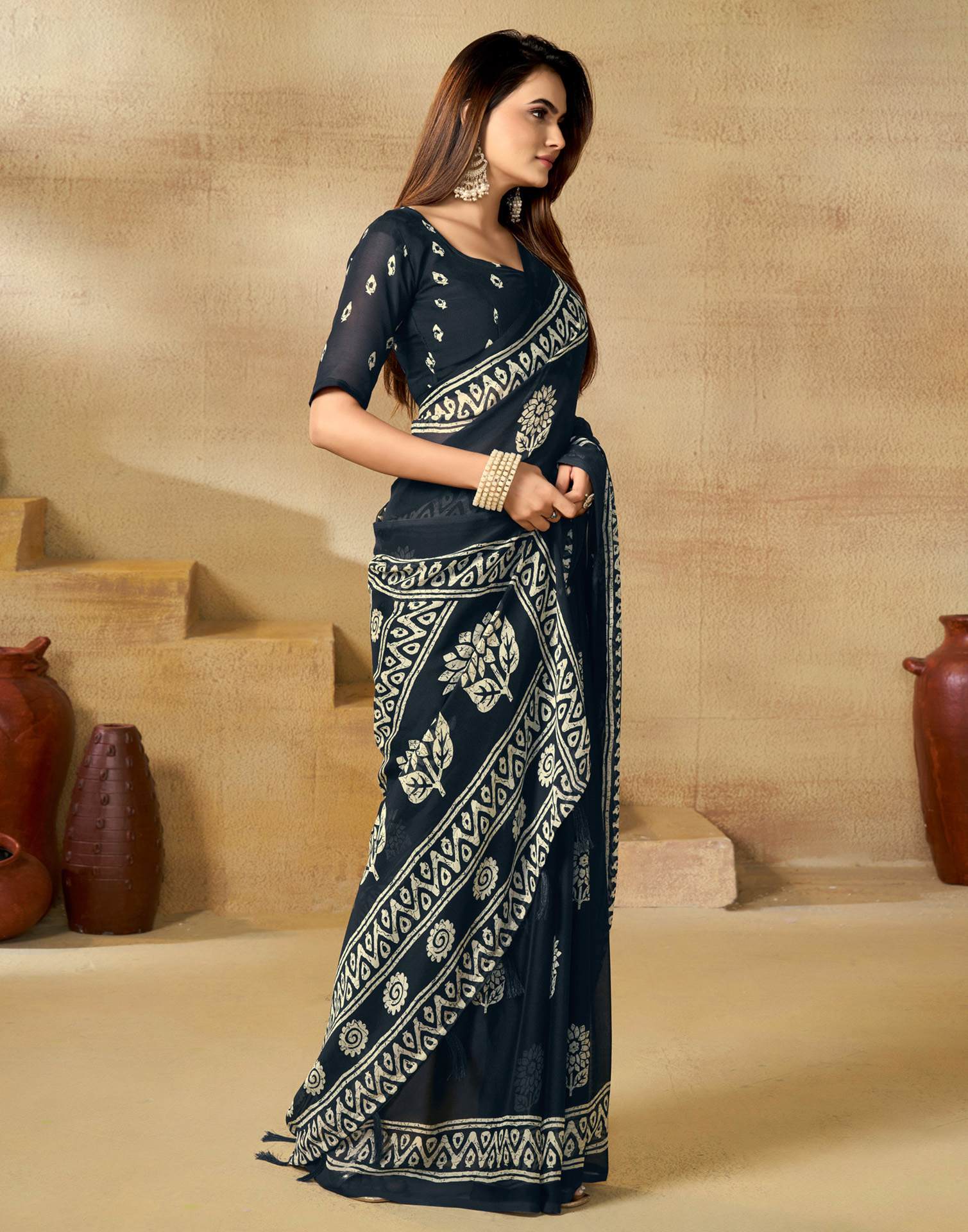 Blue Georgette Printed Saree - Image 4