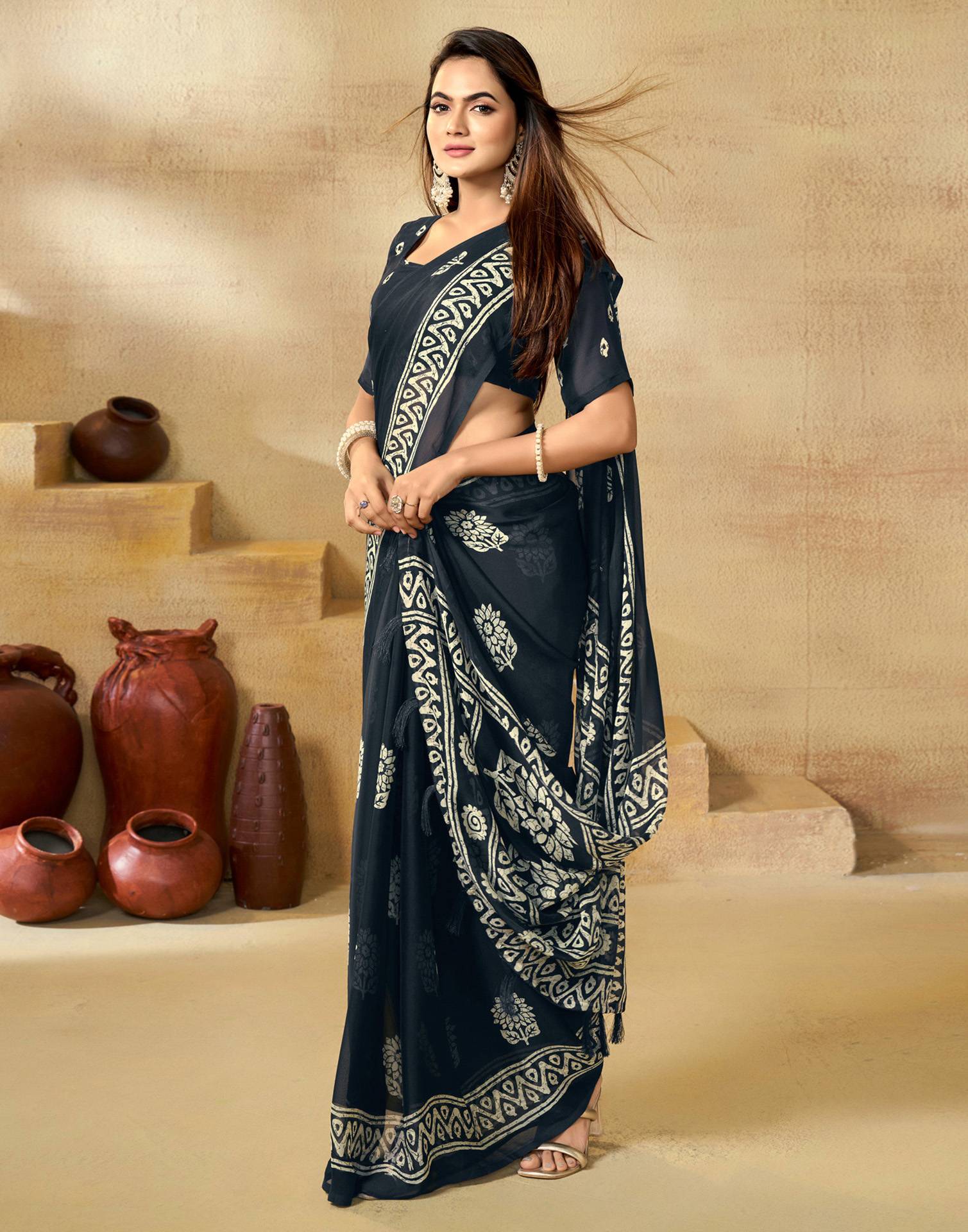 Blue Georgette Printed Saree - Image 5