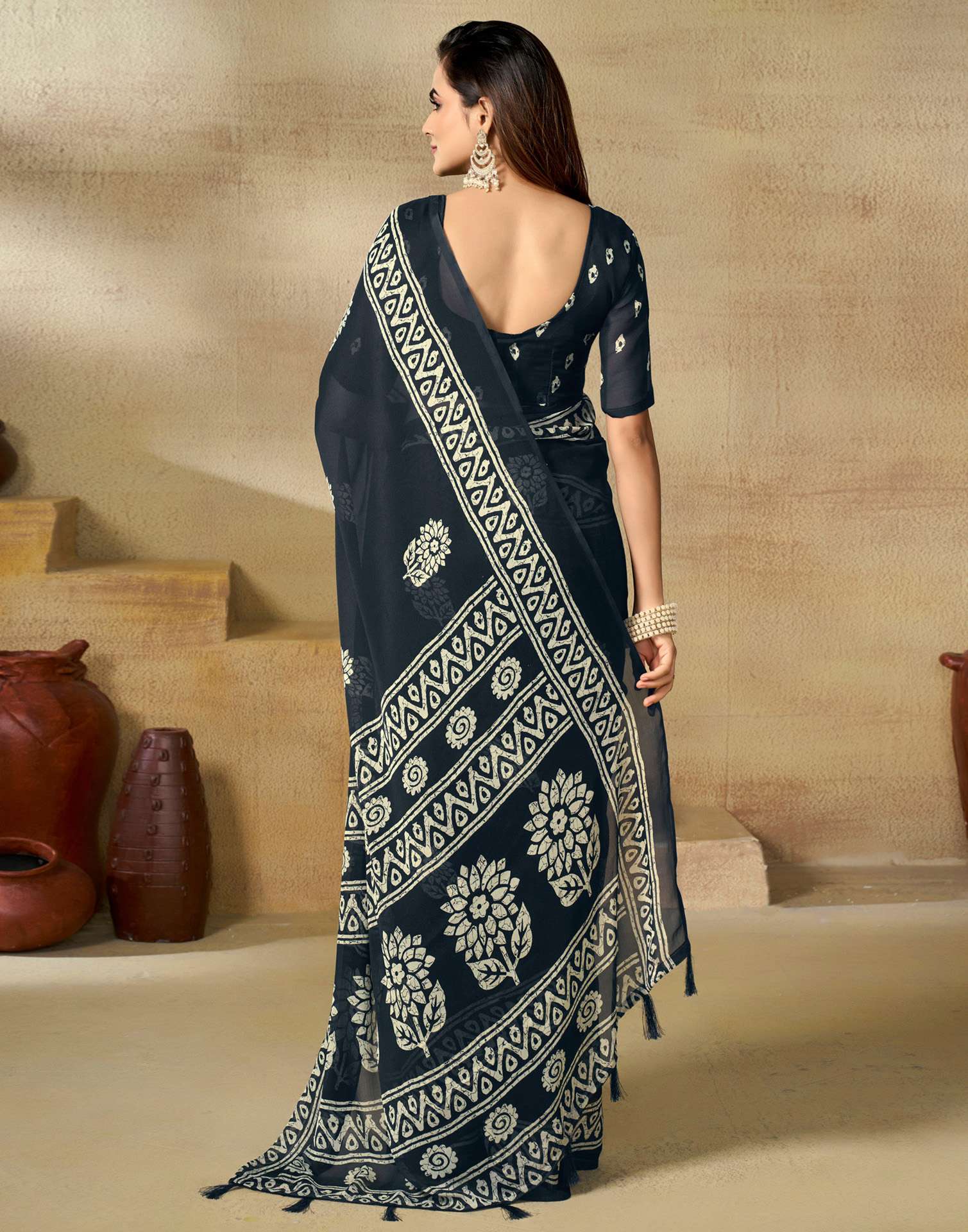 Blue Georgette Printed Saree - Image 6