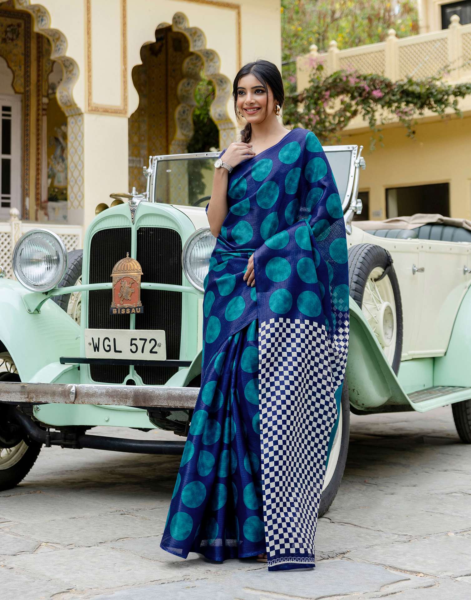Blue Khadi Polka Dot Printed Saree - Image 4