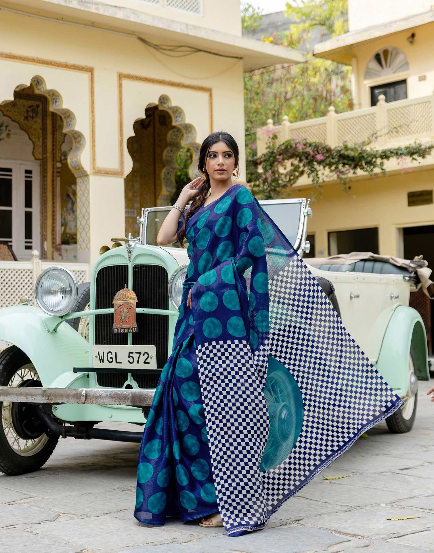 Blue Khadi Polka Dot Printed Saree - Image 7