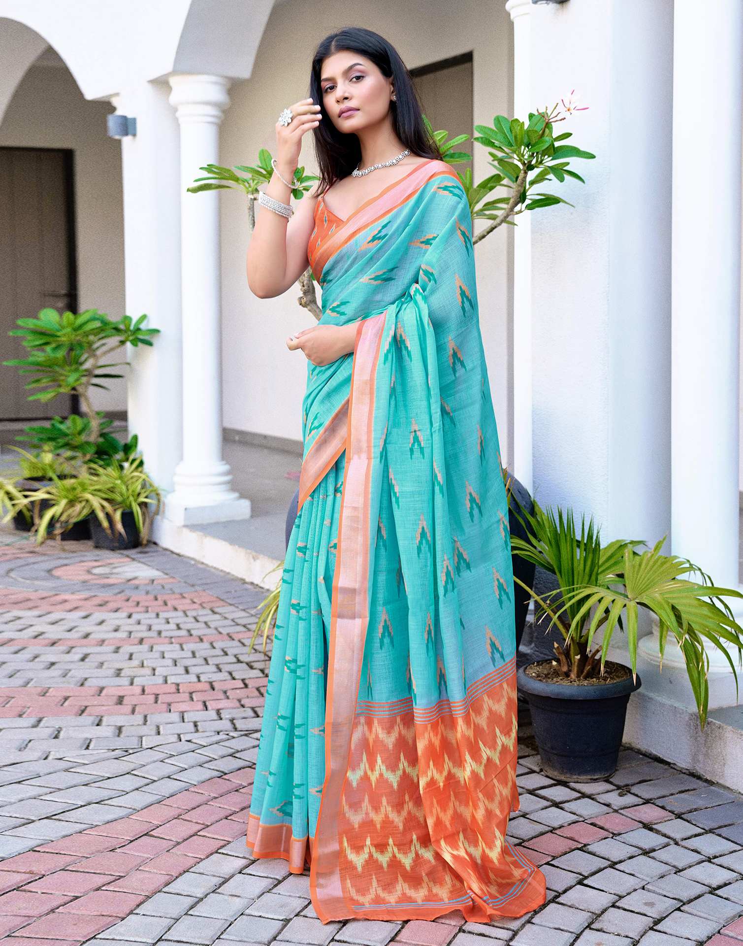 Blue Linen Ikkat Printed Saree - Image 7