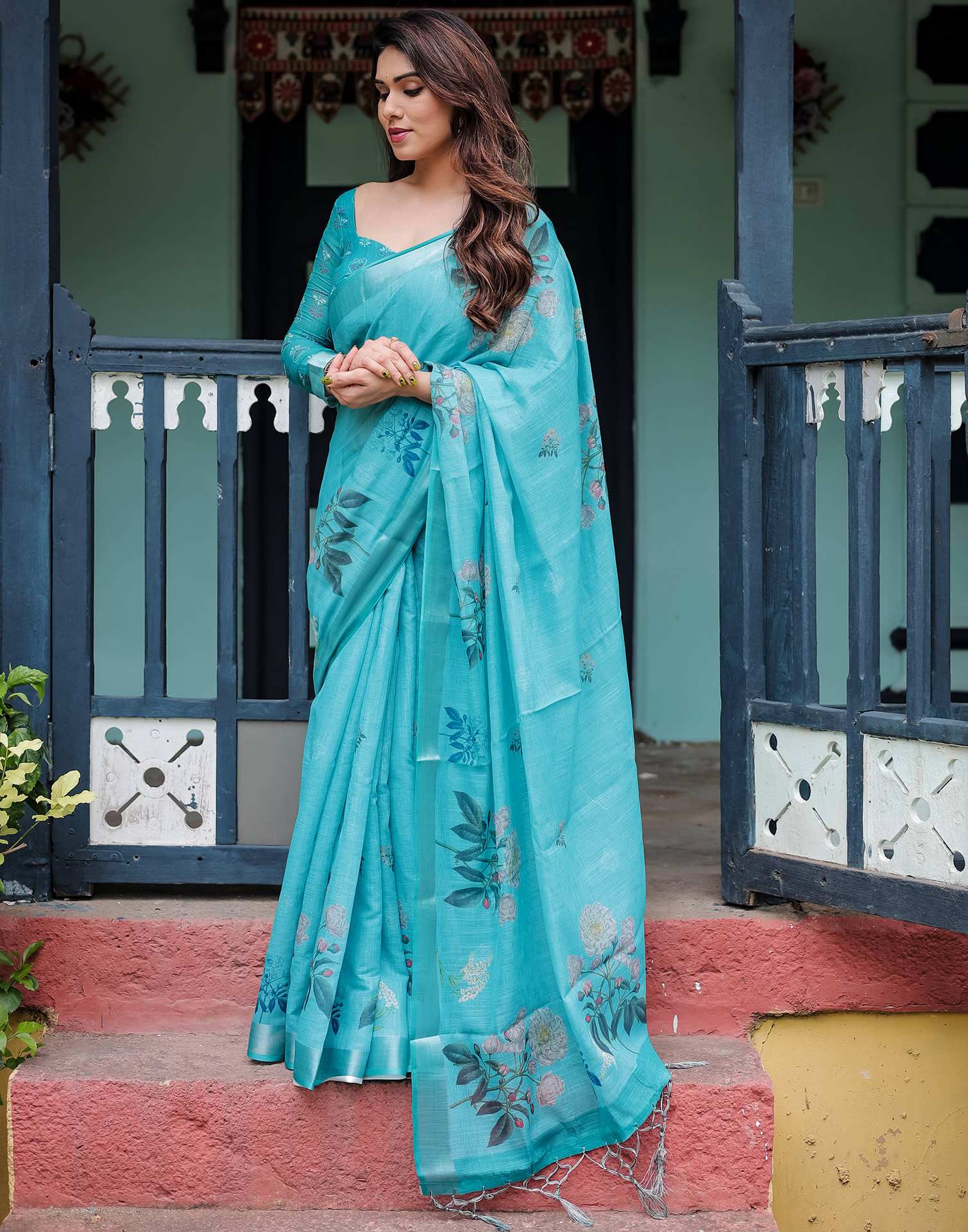 Blue Linen Printed Saree - Image 6