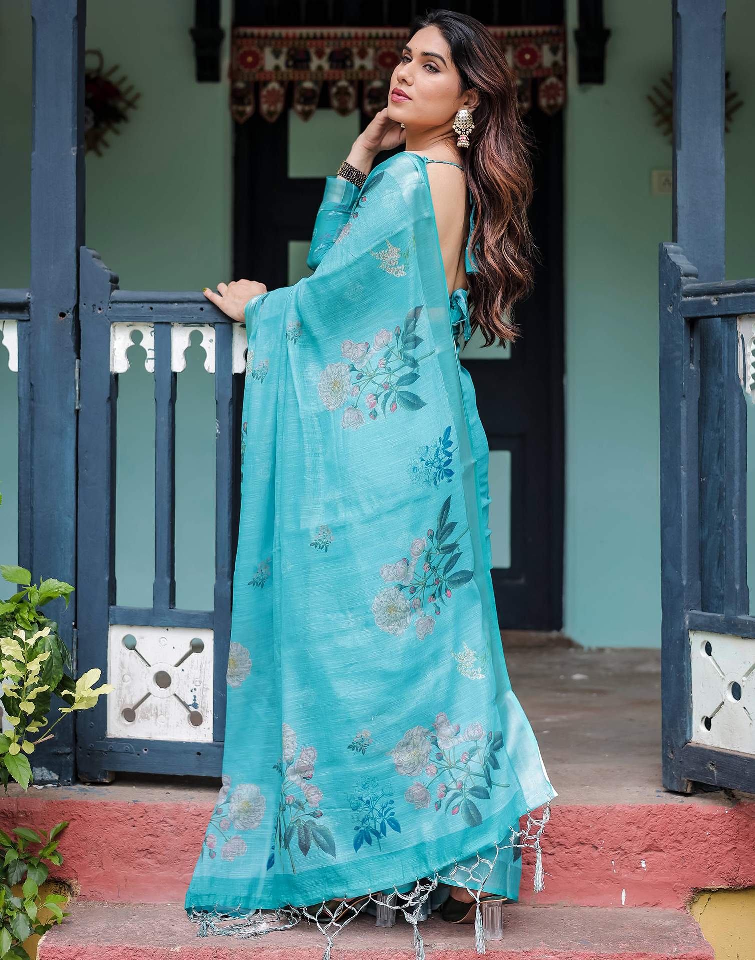 Blue Linen Printed Saree - Image 7