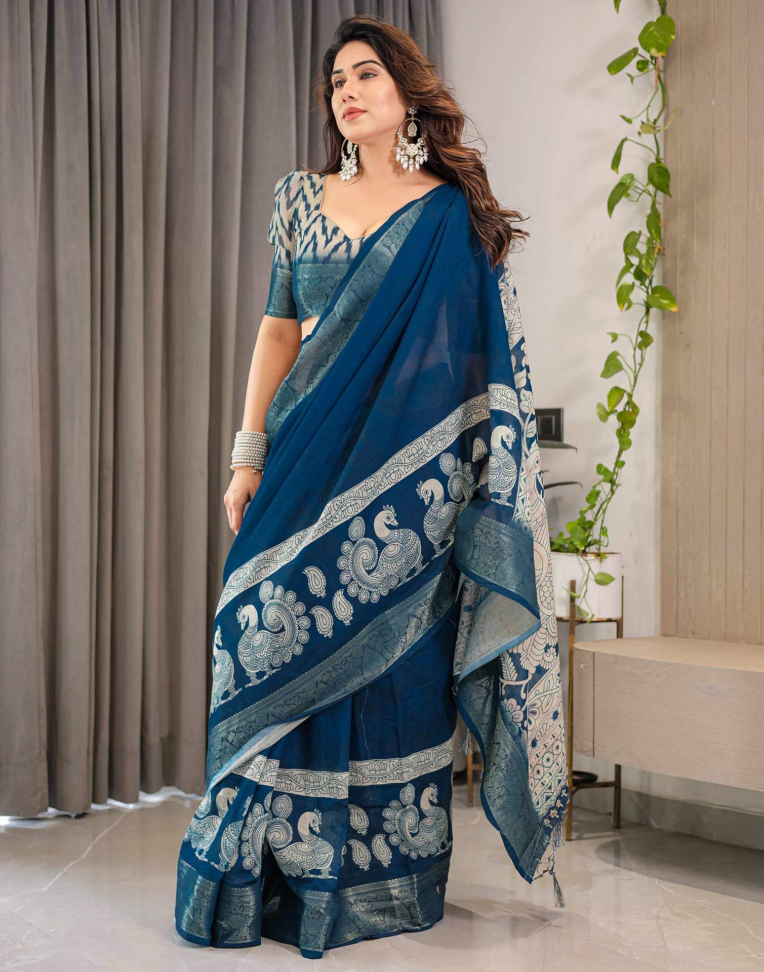 Blue Linen Printed Saree - Image 12