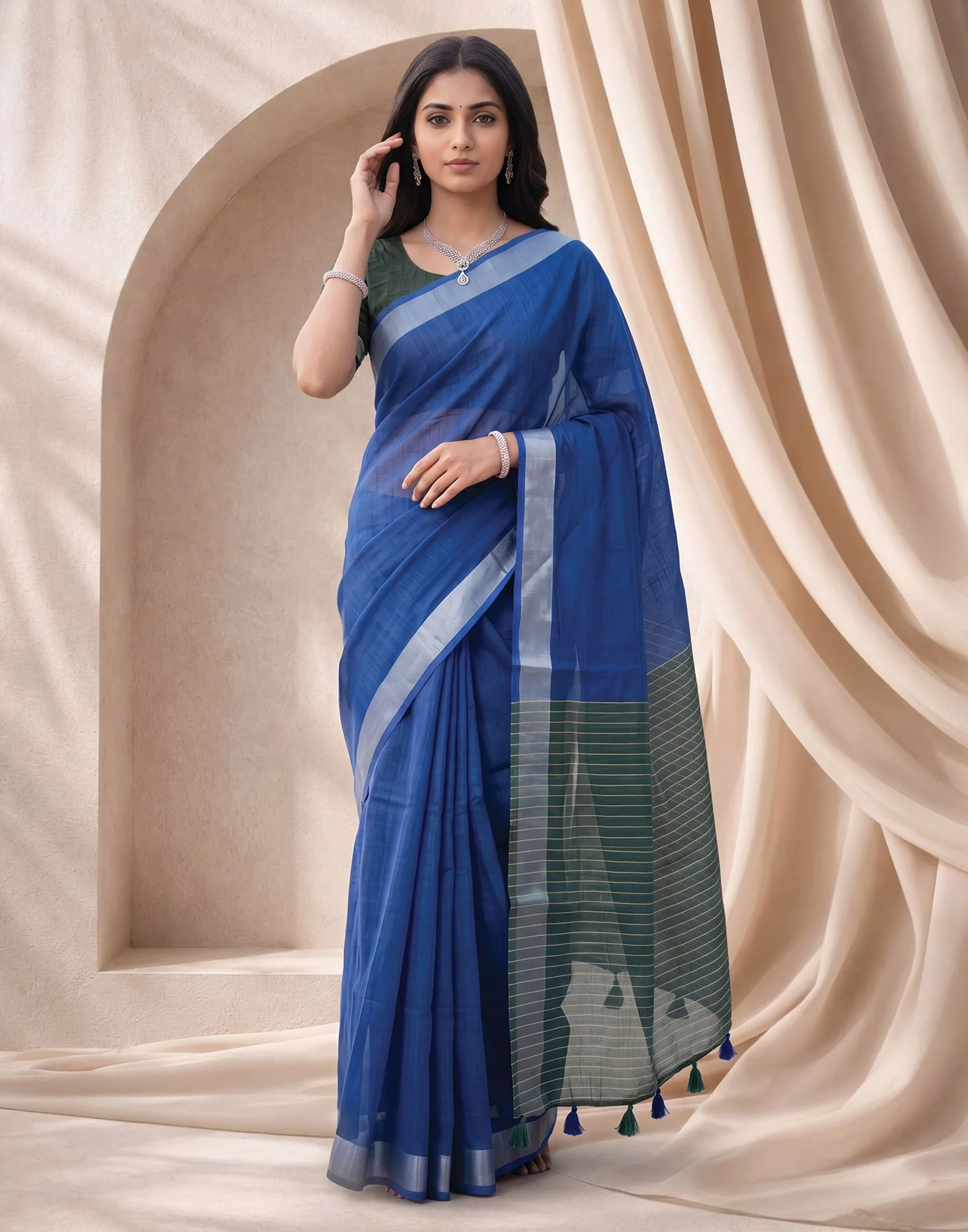 Blue Linen Printed Zari Border Saree