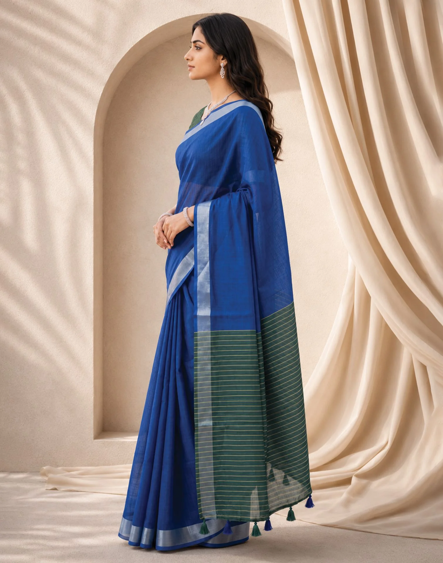 Blue Linen Printed Zari Border Saree - Image 4