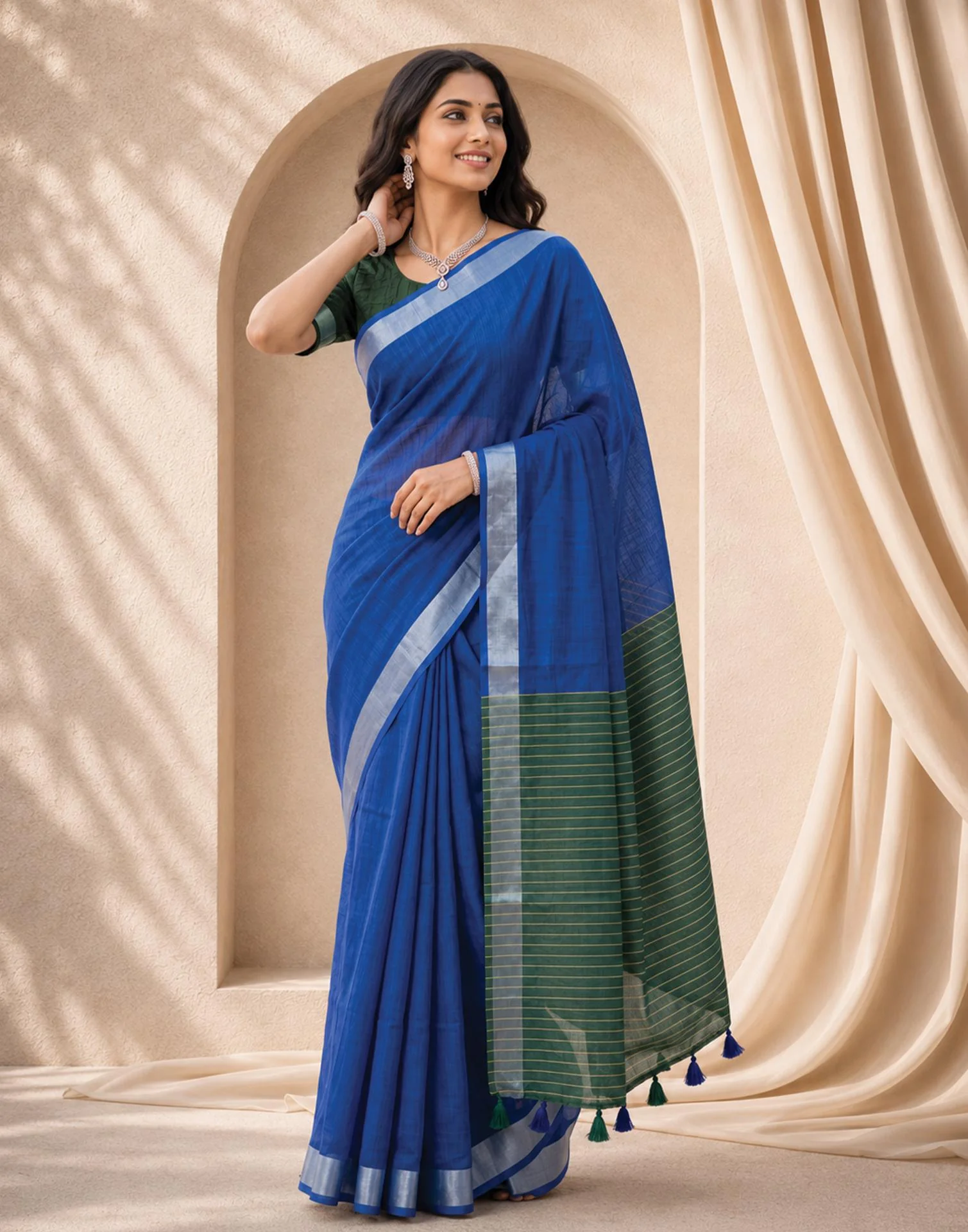Blue Linen Printed Zari Border Saree - Image 5