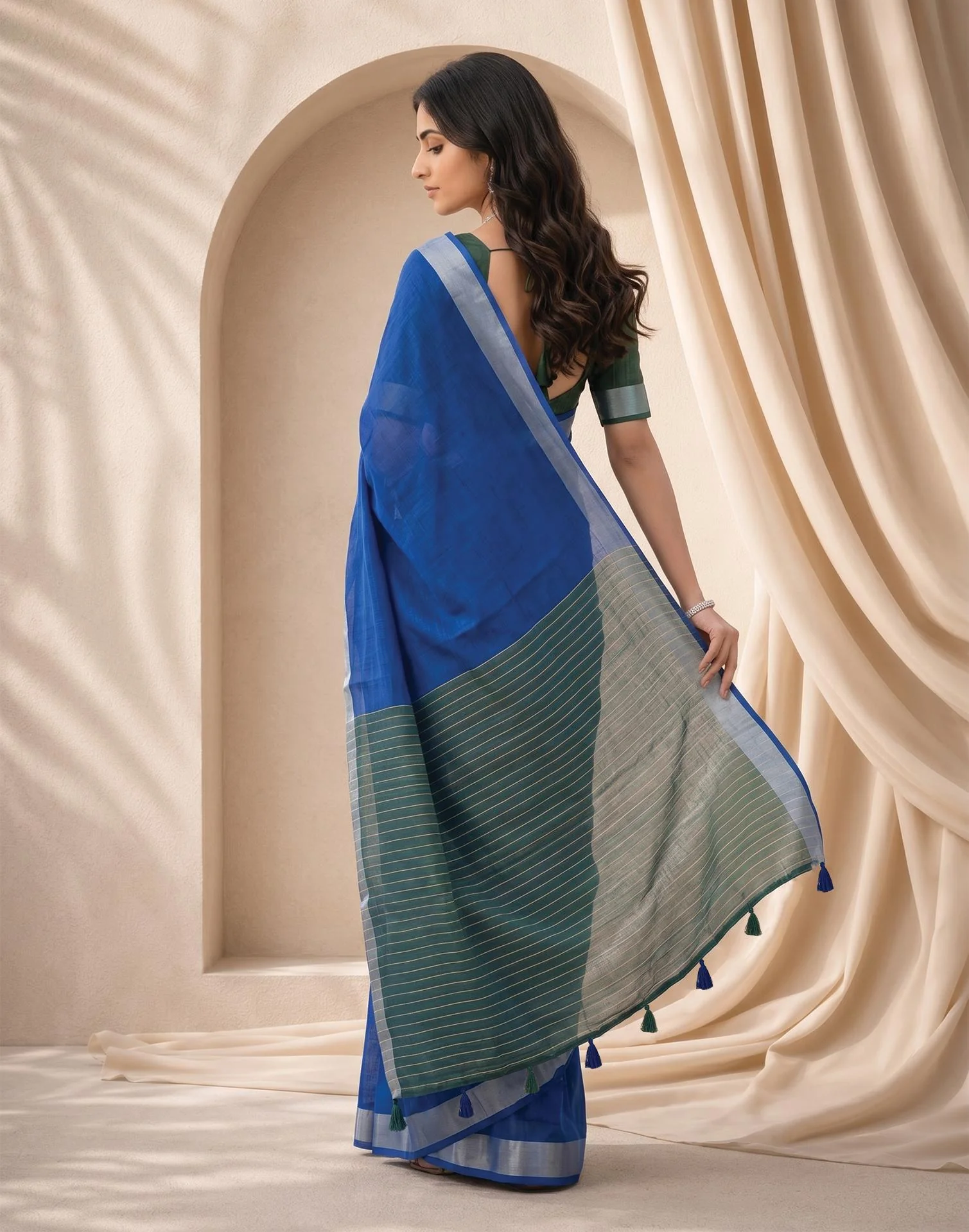 Blue Linen Printed Zari Border Saree - Image 6