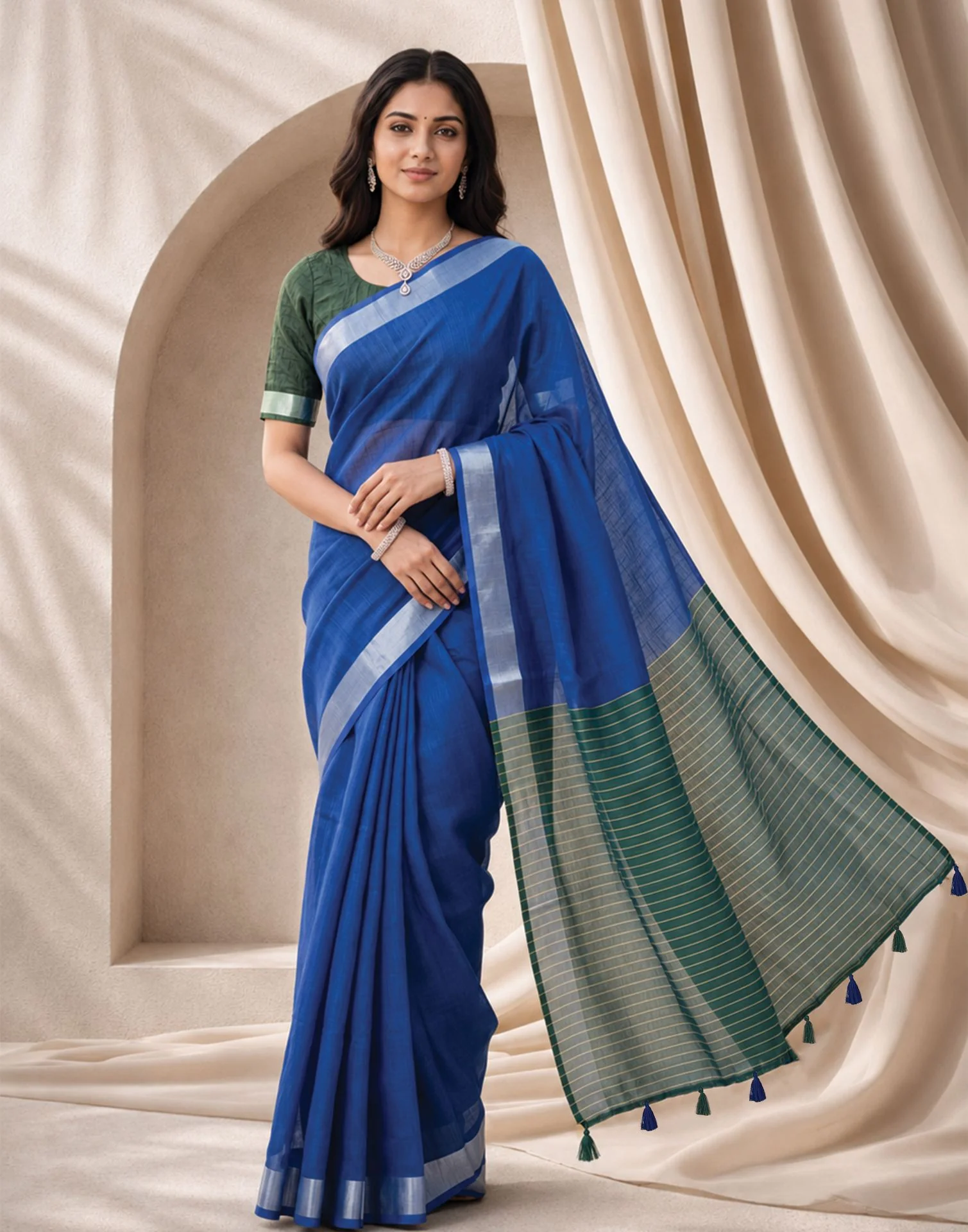 Blue Linen Printed Zari Border Saree - Image 7