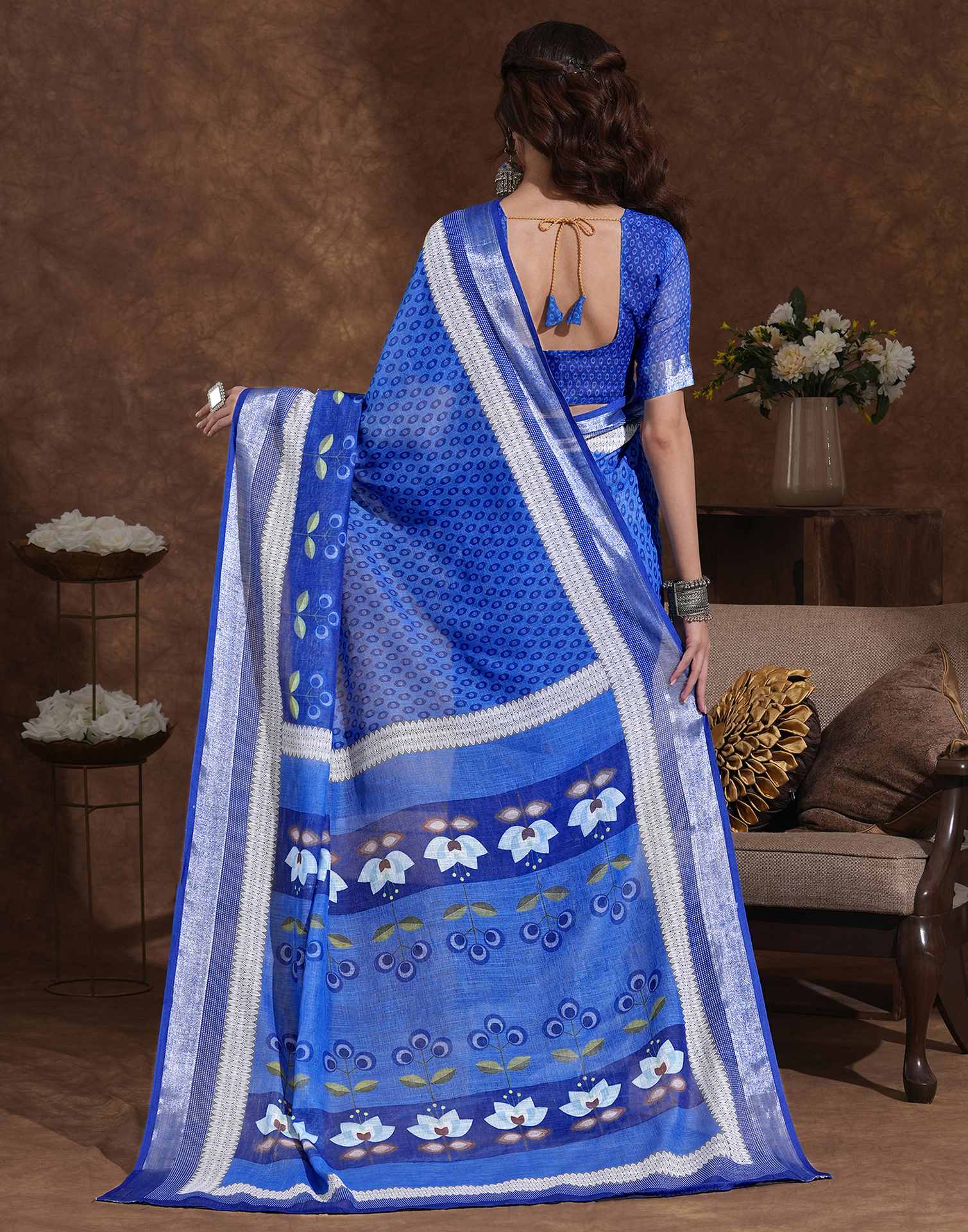 Blue Linen Woven Printed Saree - Image 6