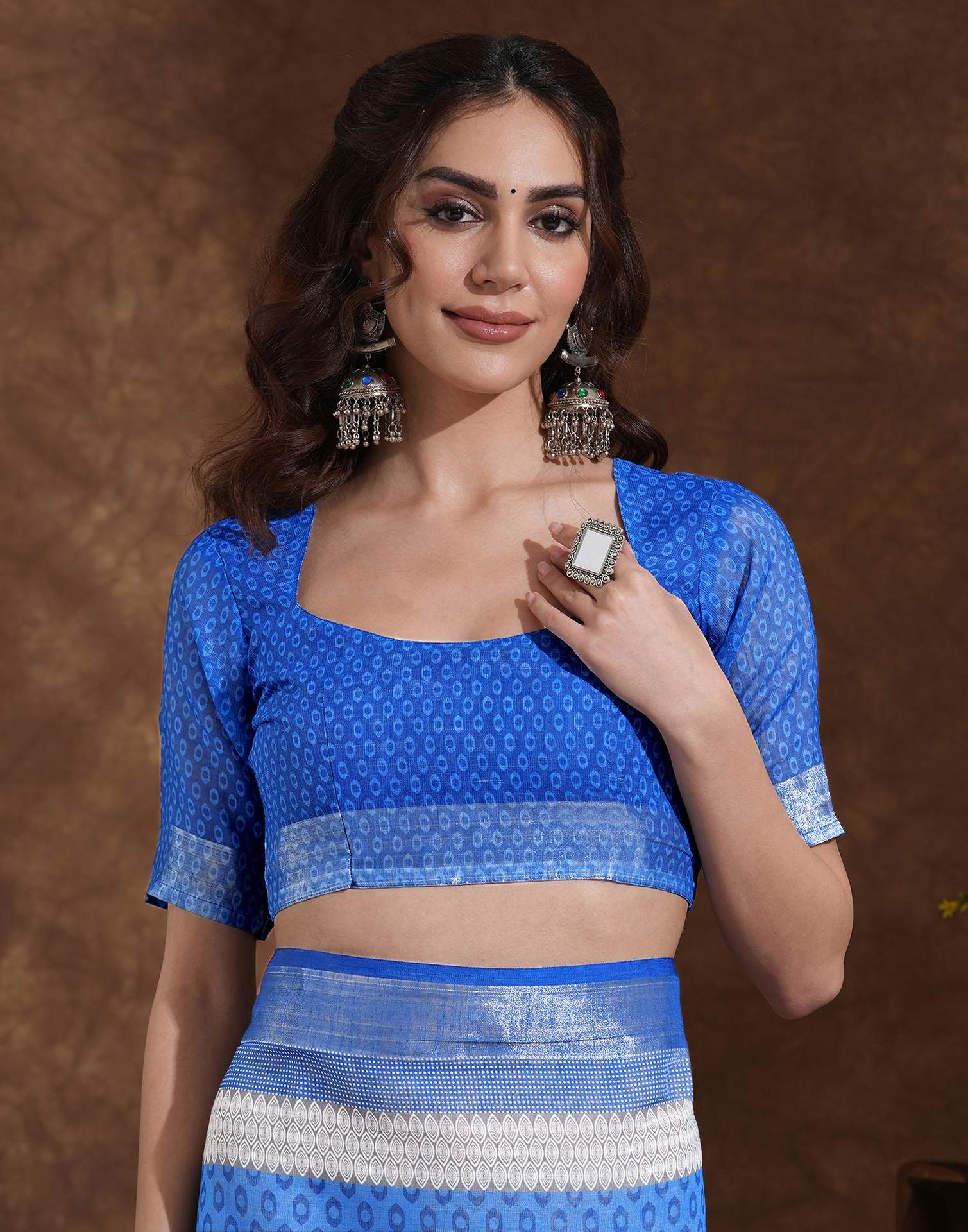 Blue Linen Woven Printed Saree - Image 7