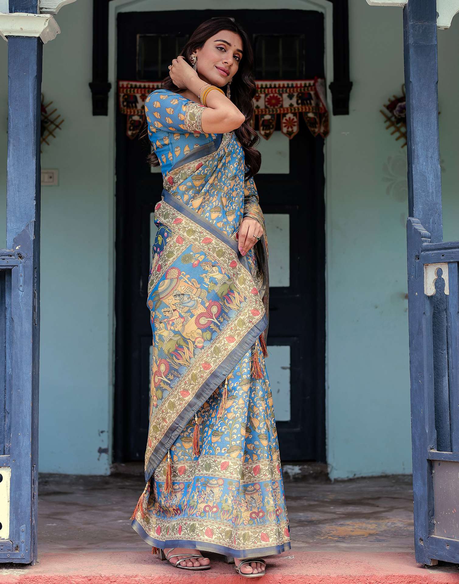 Blue Shimmer Silk Printed Kalamkari Saree - Image 10