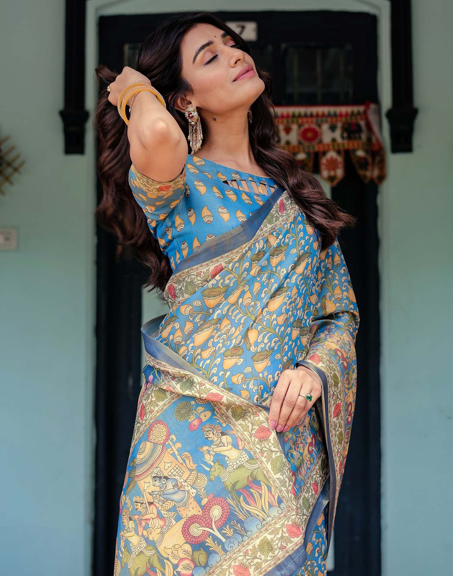 Blue Shimmer Silk Printed Kalamkari Saree - Image 4
