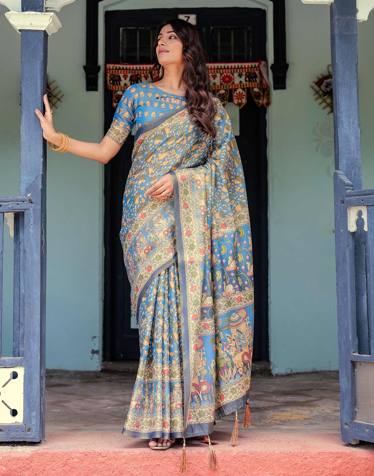 Blue Shimmer Silk Printed Kalamkari Saree - Image 5