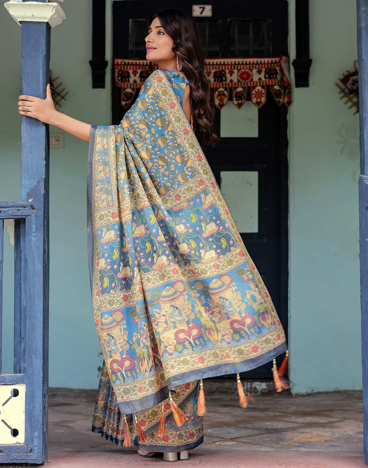 Blue Shimmer Silk Printed Kalamkari Saree - Image 7