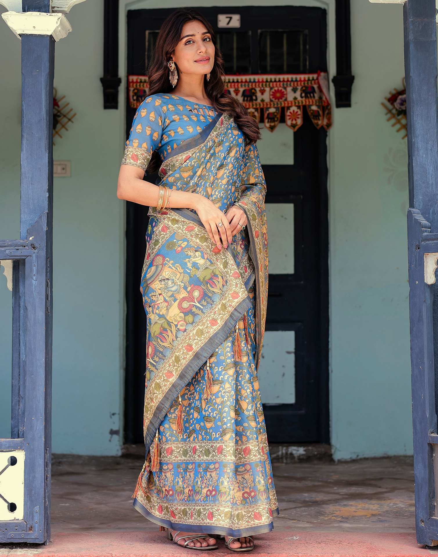 Blue Shimmer Silk Printed Kalamkari Saree - Image 9