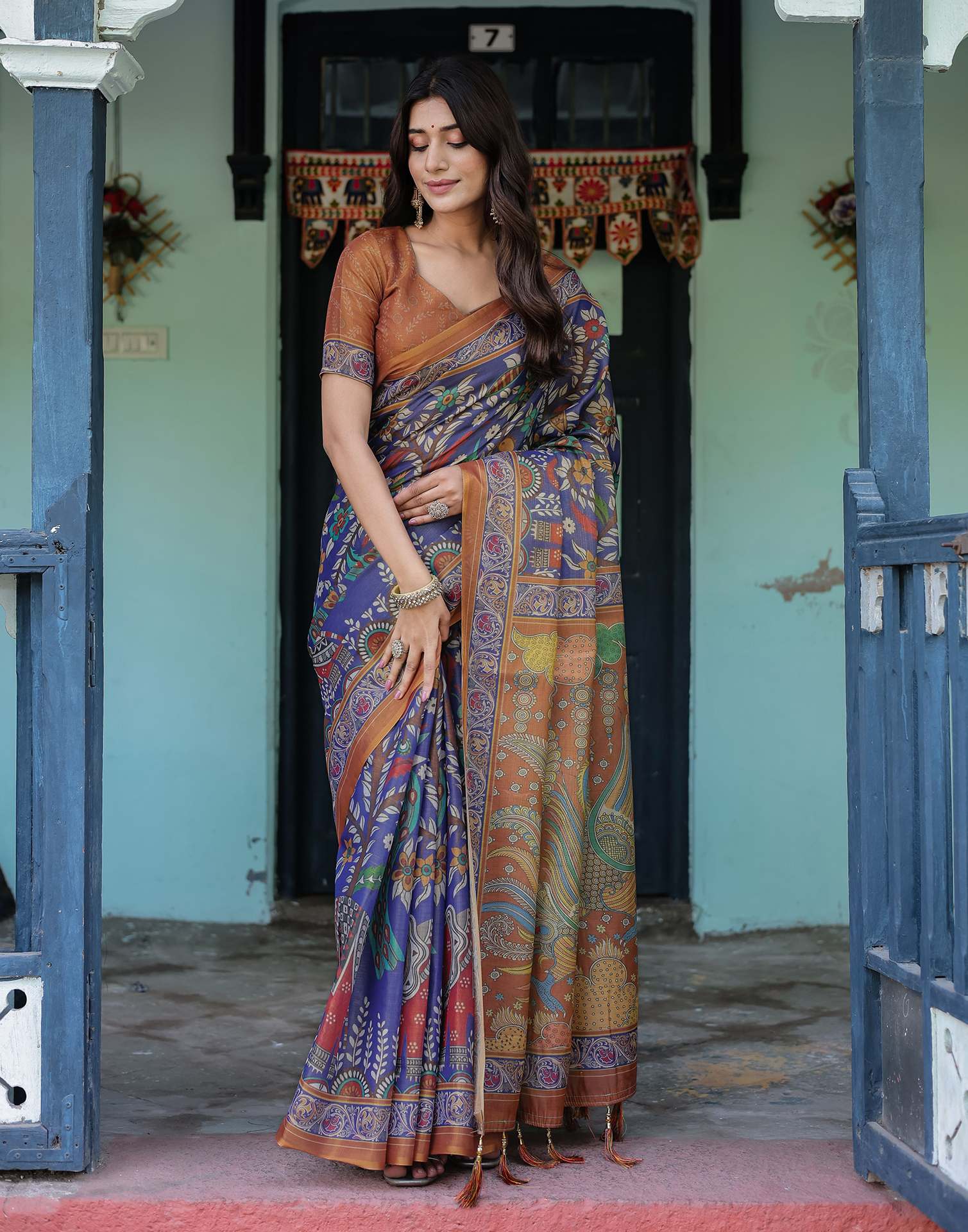 Blue Shimmer Silk Printed Kalamkari Saree - Image 11