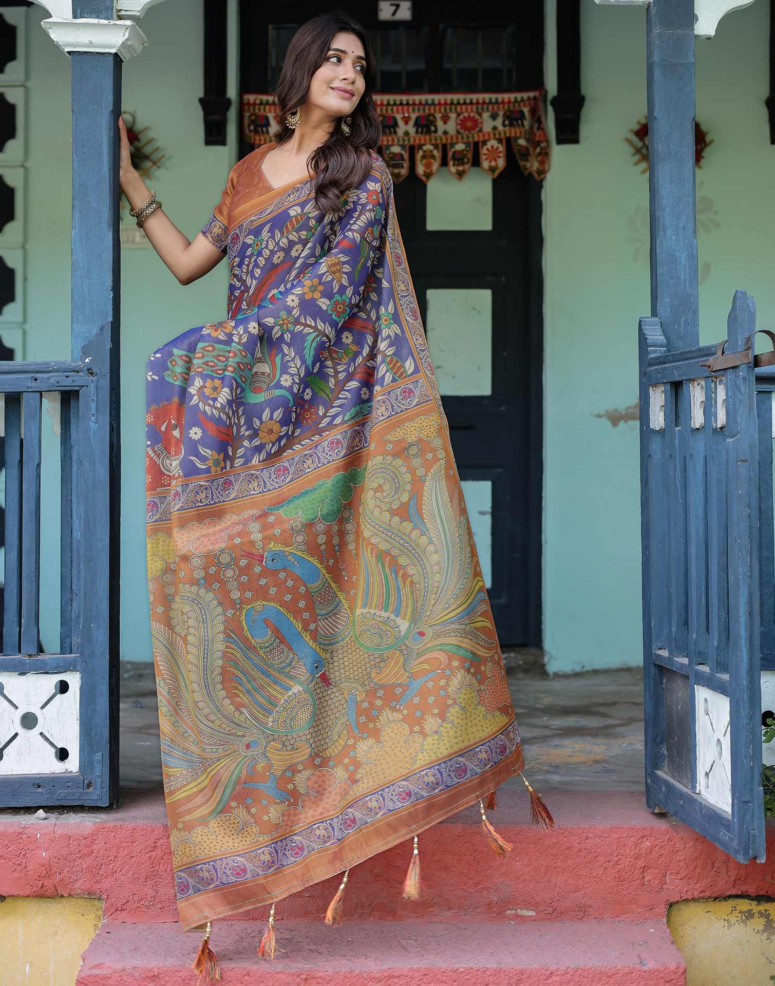 Blue Shimmer Silk Printed Kalamkari Saree - Image 12