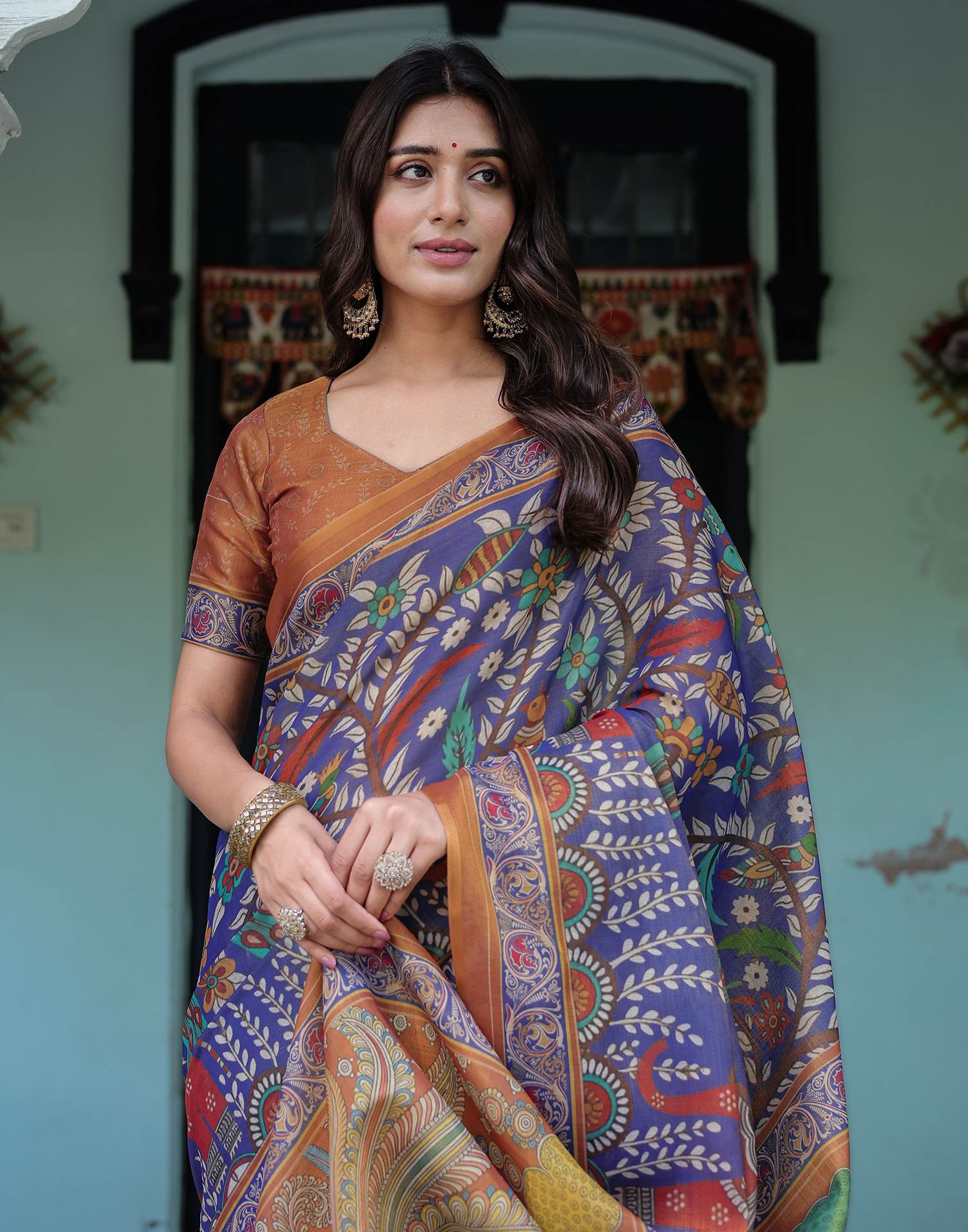 Blue Shimmer Silk Printed Kalamkari Saree - Image 5