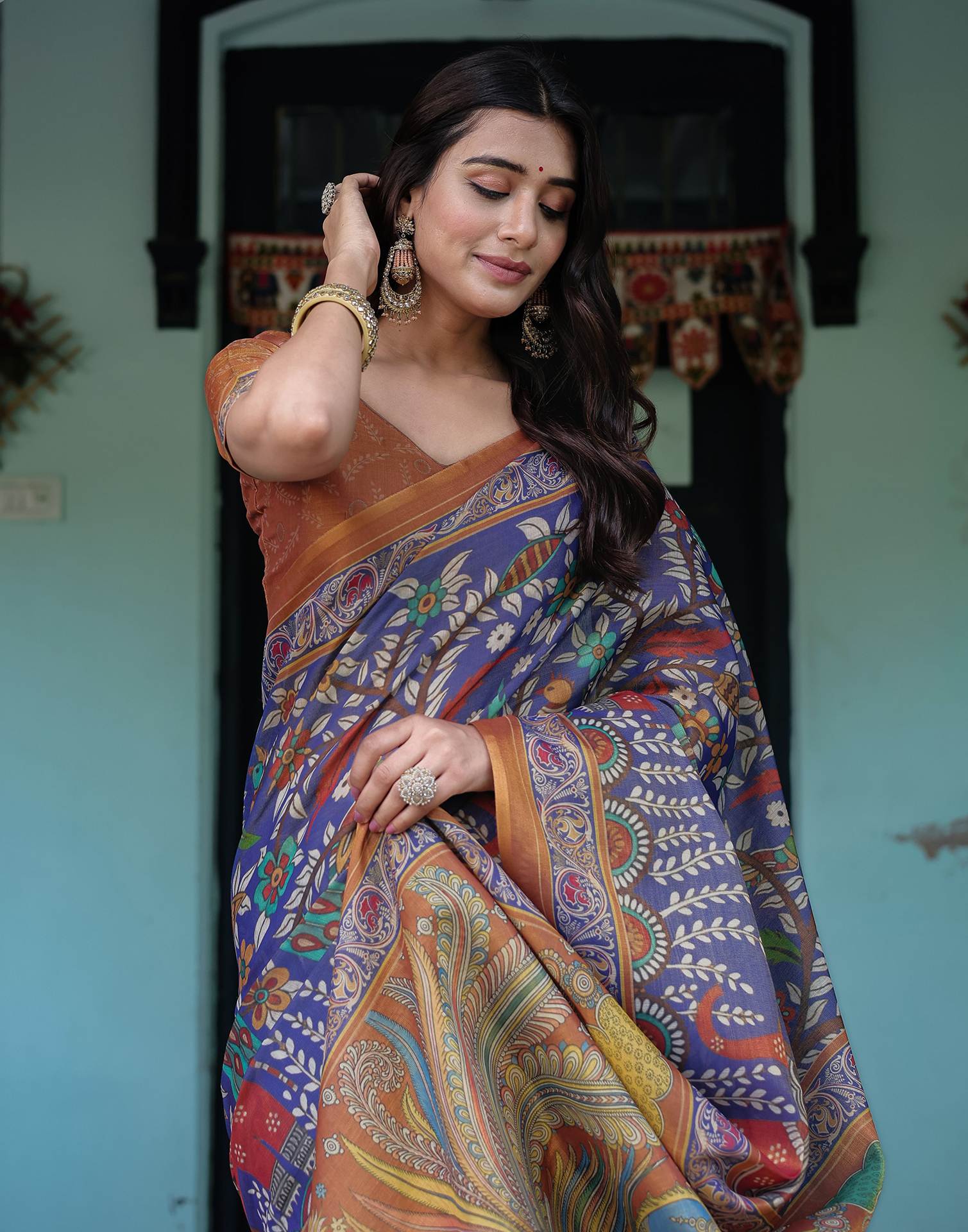 Blue Shimmer Silk Printed Kalamkari Saree - Image 6