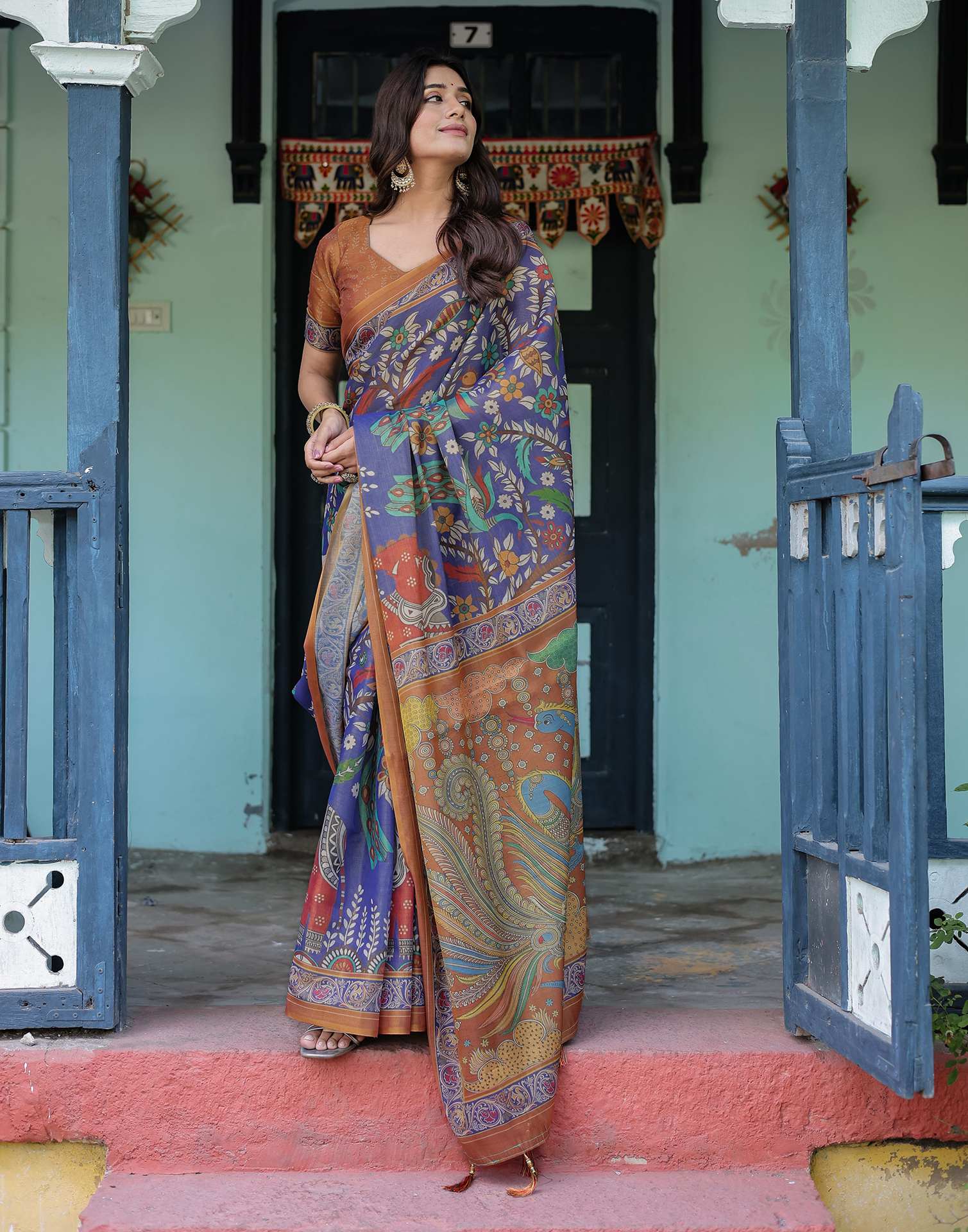 Blue Shimmer Silk Printed Kalamkari Saree - Image 8