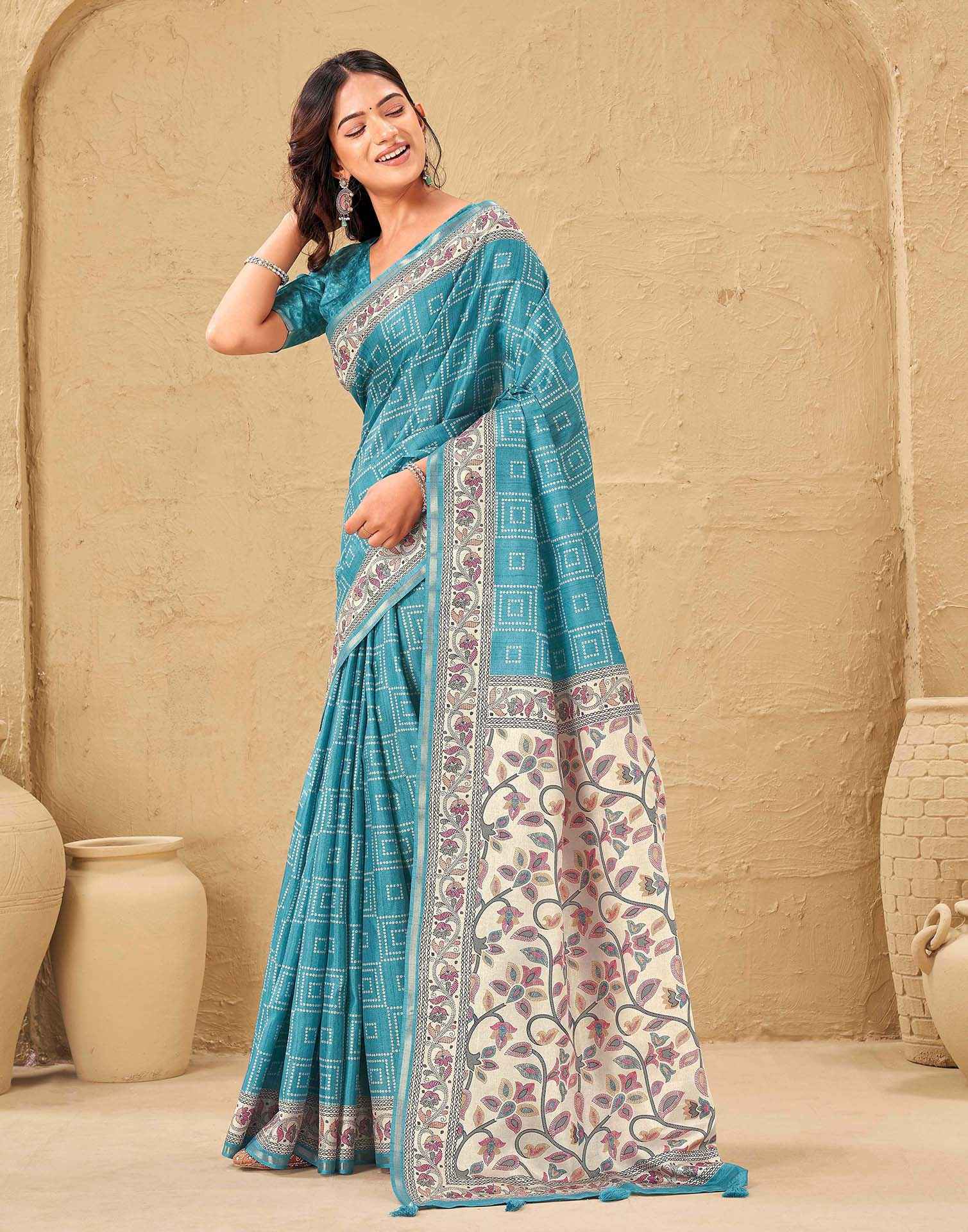 Blue Silk Bandhani Printed Saree - Image 4