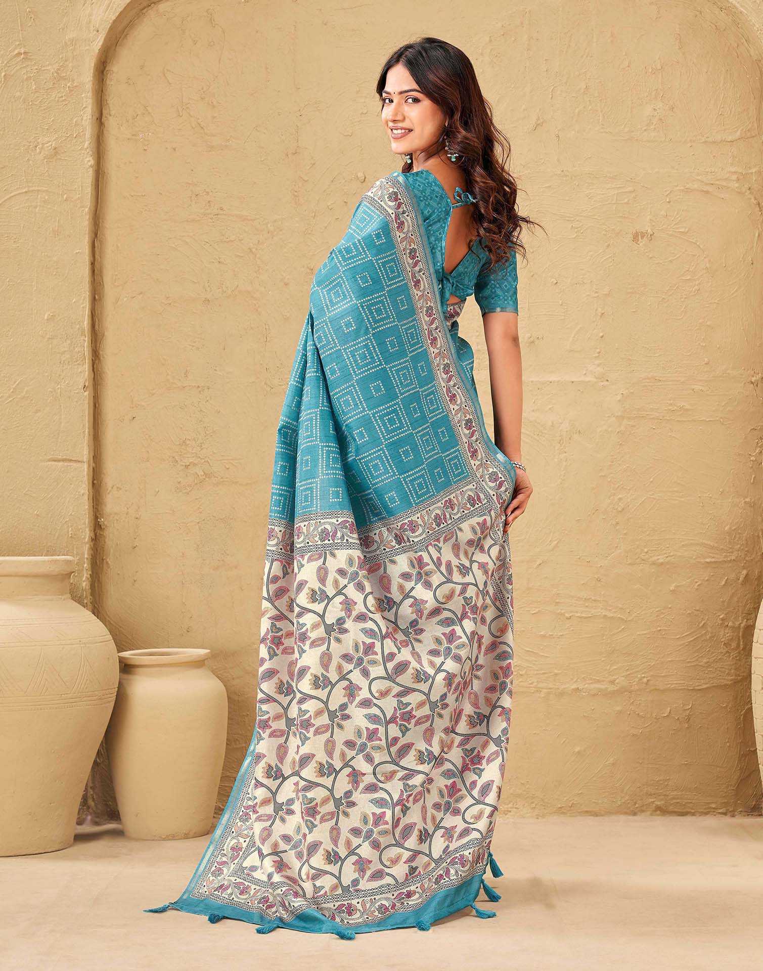 Blue Silk Bandhani Printed Saree - Image 6