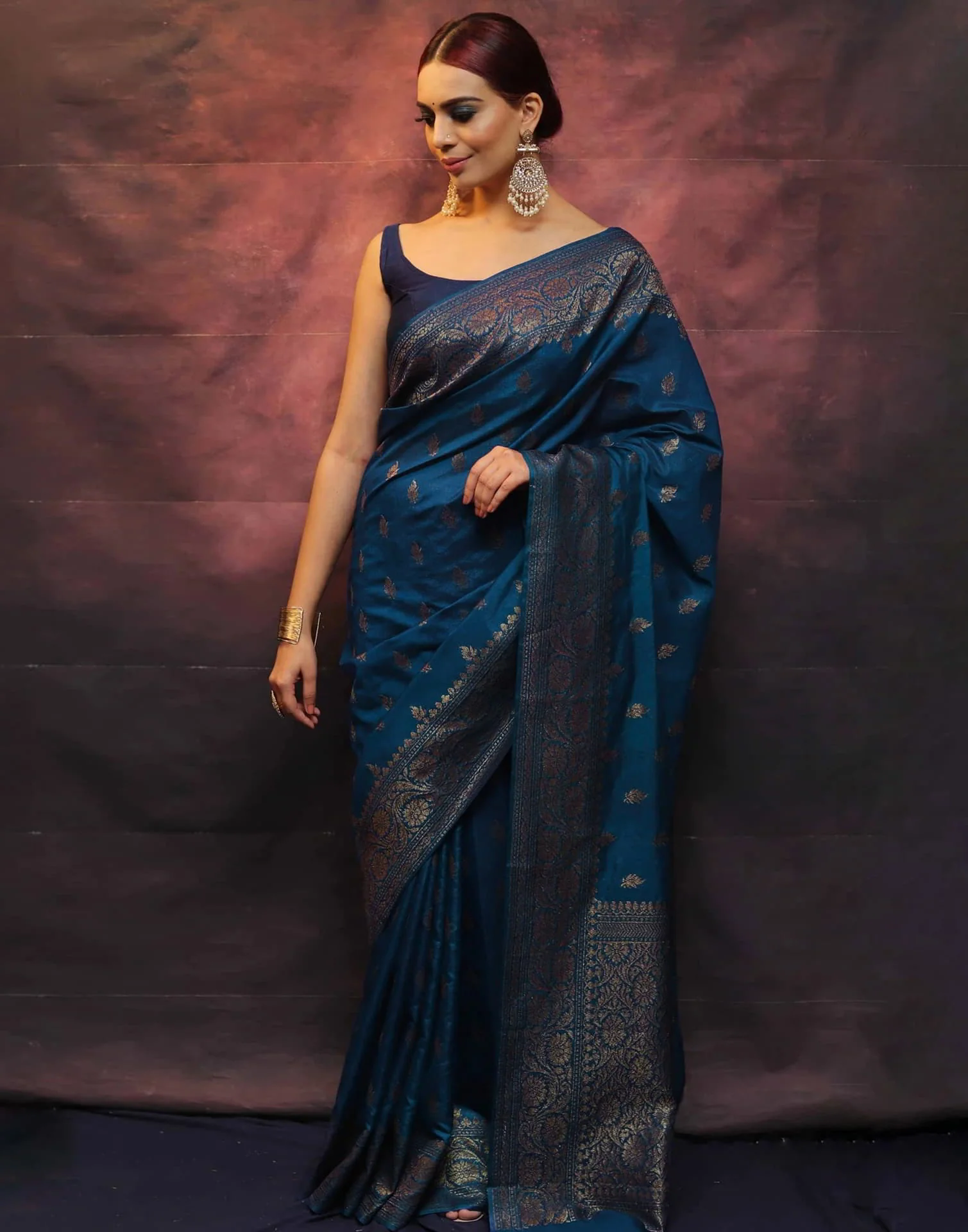 Sea Blue Silk Woven Banarasi Saree - Image 5