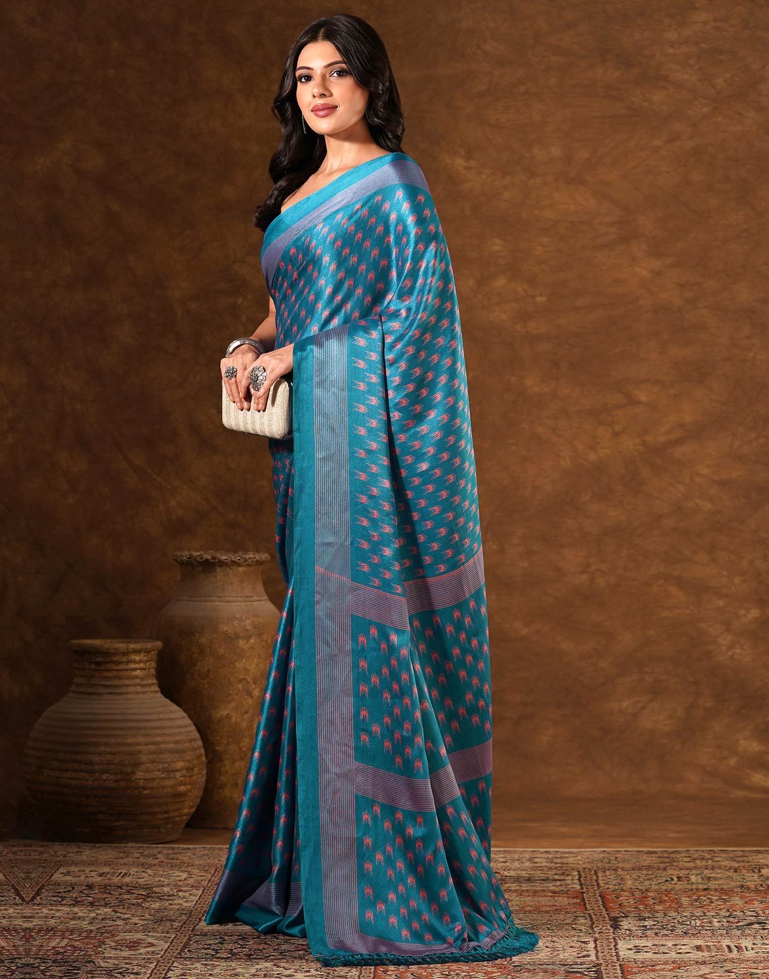 Blue Silk Printed Saree - Image 4