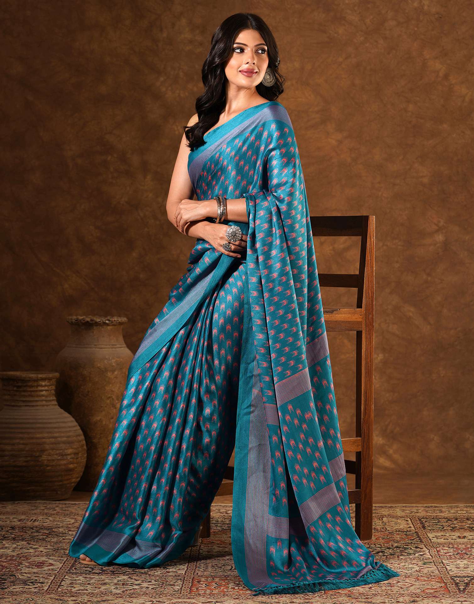 Blue Silk Printed Saree - Image 6