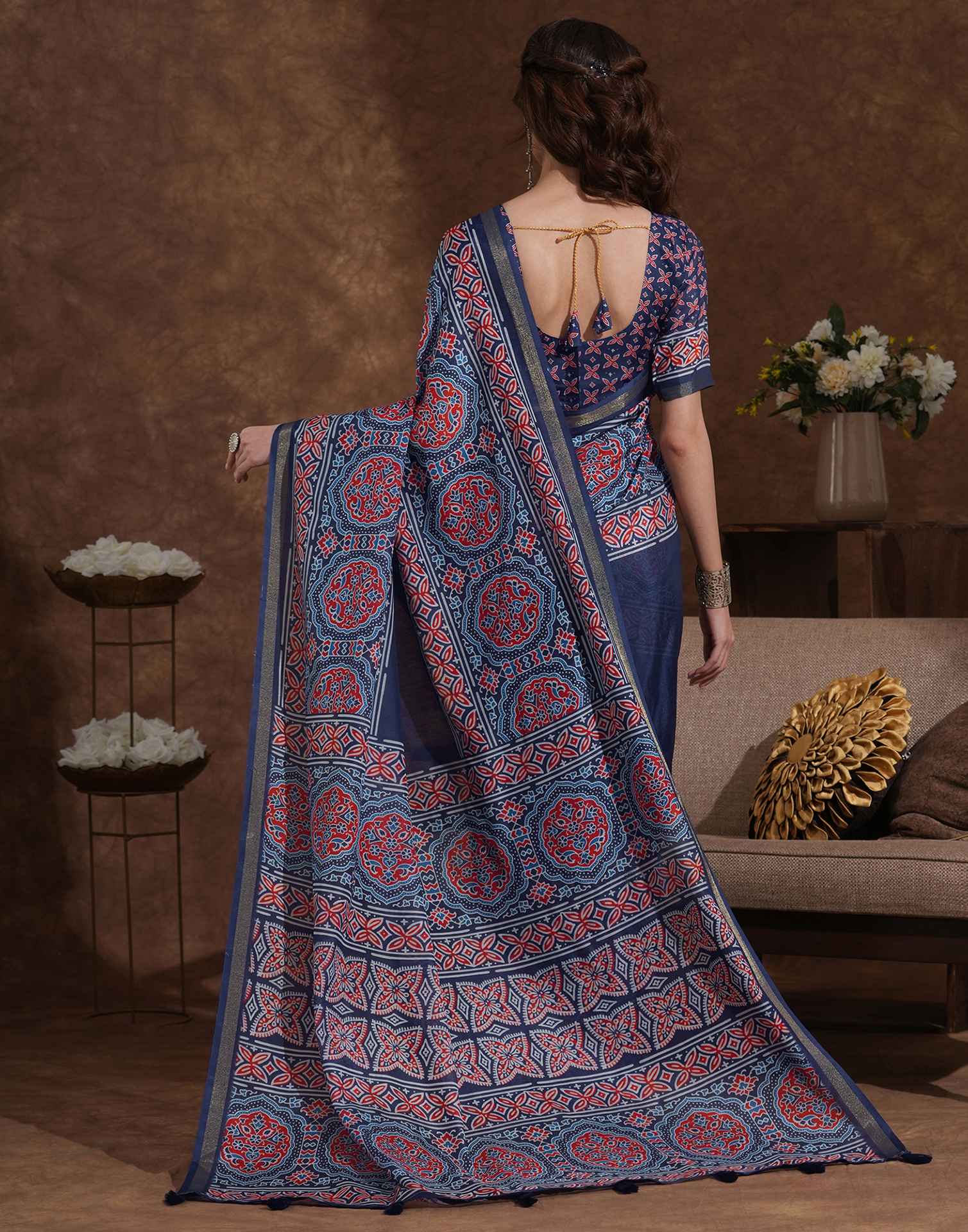 Blue Silk Printed Saree - Image 6