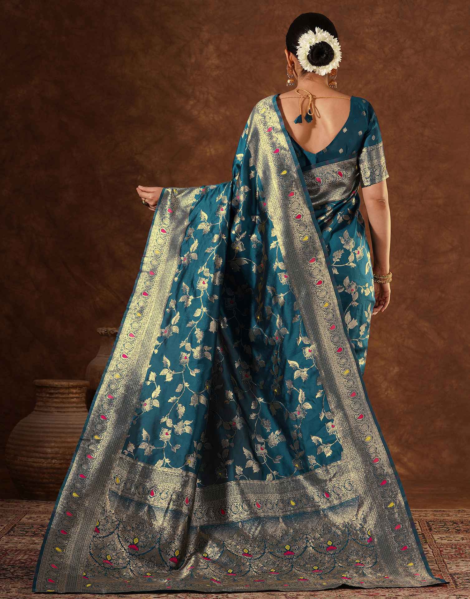 Blue Silk Woven Banarasi Saree - Image 6